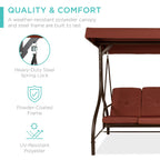 Best Choice Products 3-Seat Outdoor Large Converting Canopy Swing Glider, Patio Hammock Lounge Chair For Porch, Backyard W/Flatbed, Adjustable Shade, Removable Cushions - Dark Rust