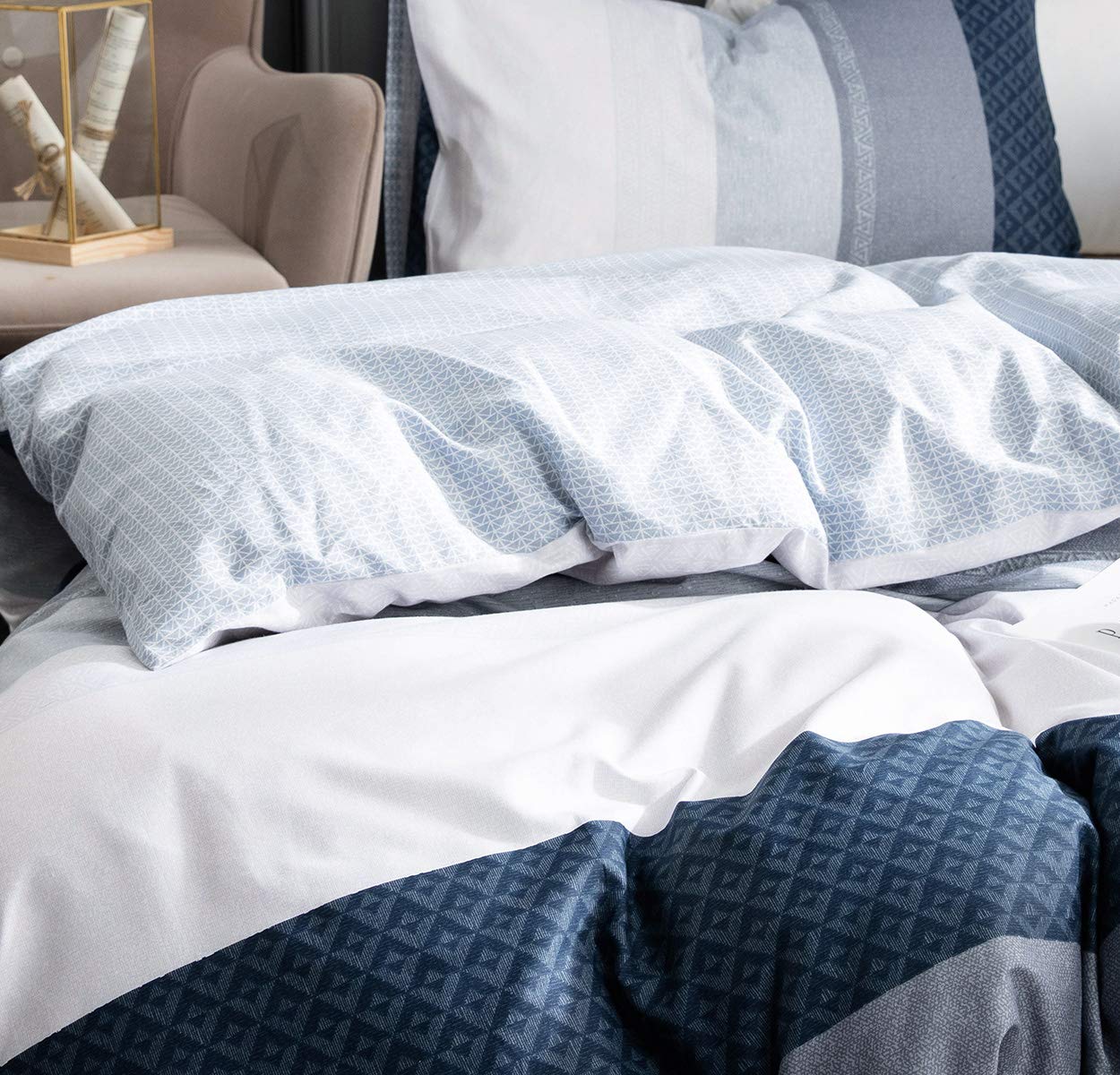 Duvet Cover Set, 600 Thread Count Cotton White And Navy Striped Patchwork Comforter Cover Set Reversible Quilt Cover (King, Gree