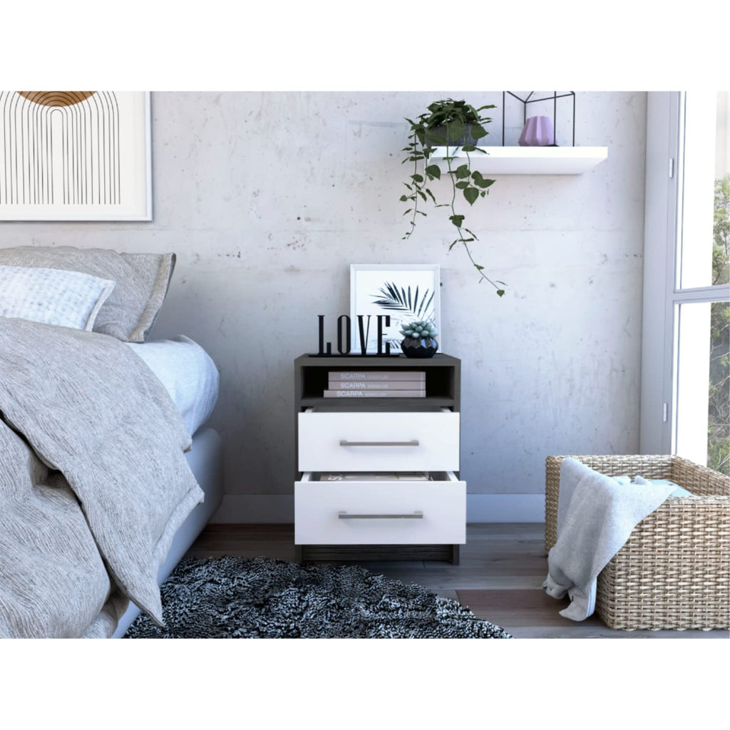 Nightstand 20" H, 2 Drawers, Superior Top, Metal Handles, Smokey Oak/White