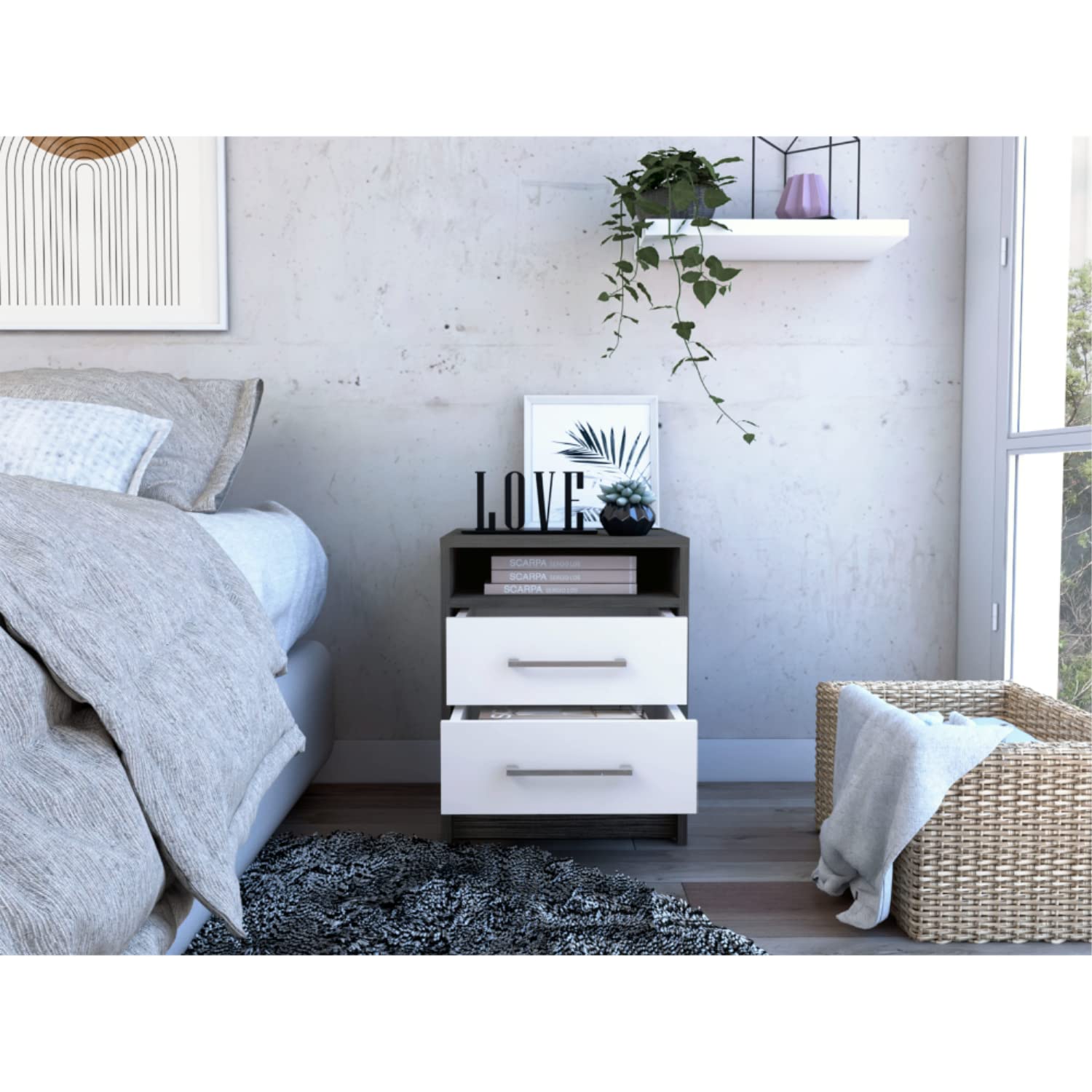 Nightstand 20" H, 2 Drawers, Superior Top, Metal Handles, Smokey Oak/White