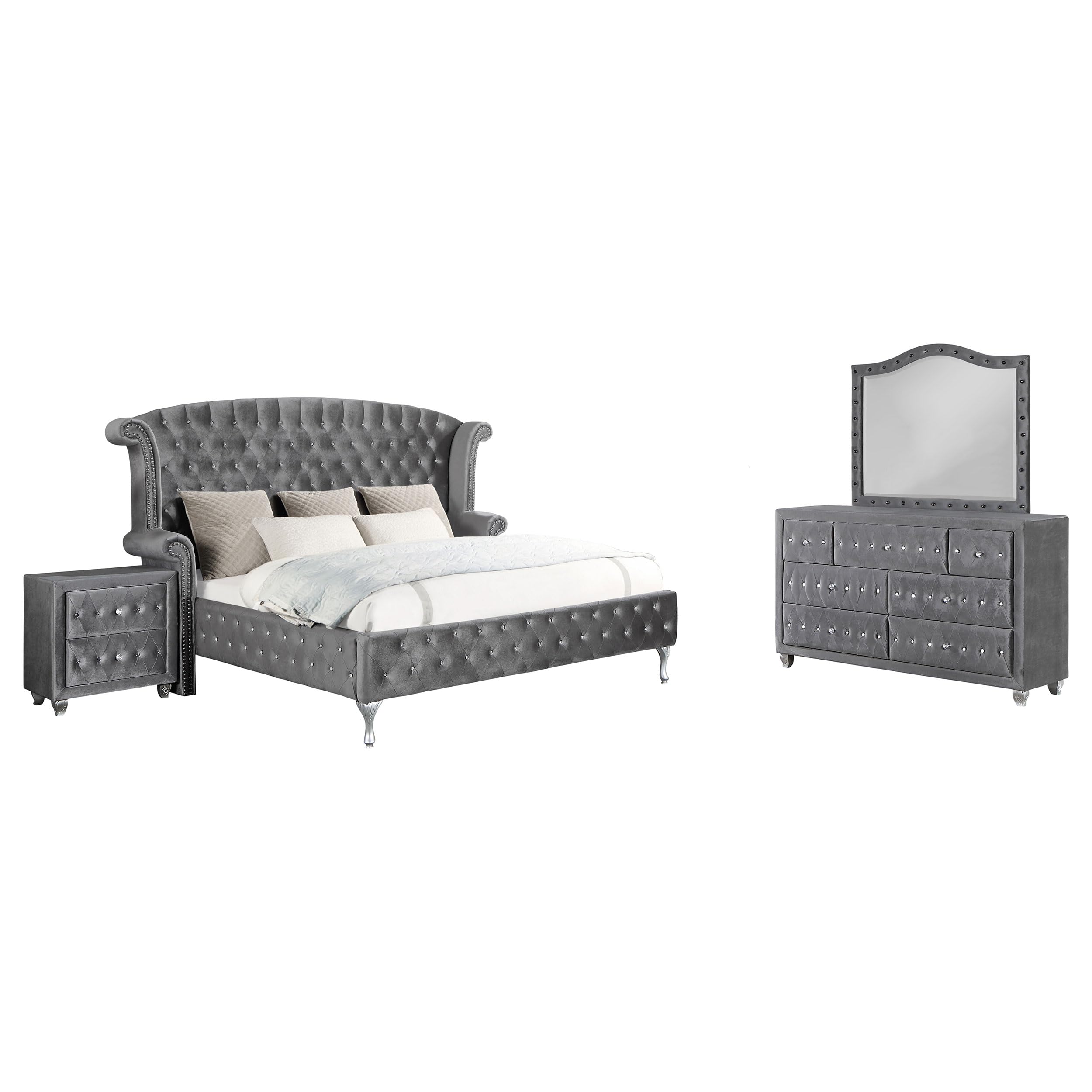 Coaster Home Furnishings Deanna Modern Classic 4-Piece Bedroom Set Velvet Upholstered Queen Size Wingback Bed Frame 66-Inch Headboard Grey 205101Q-S4