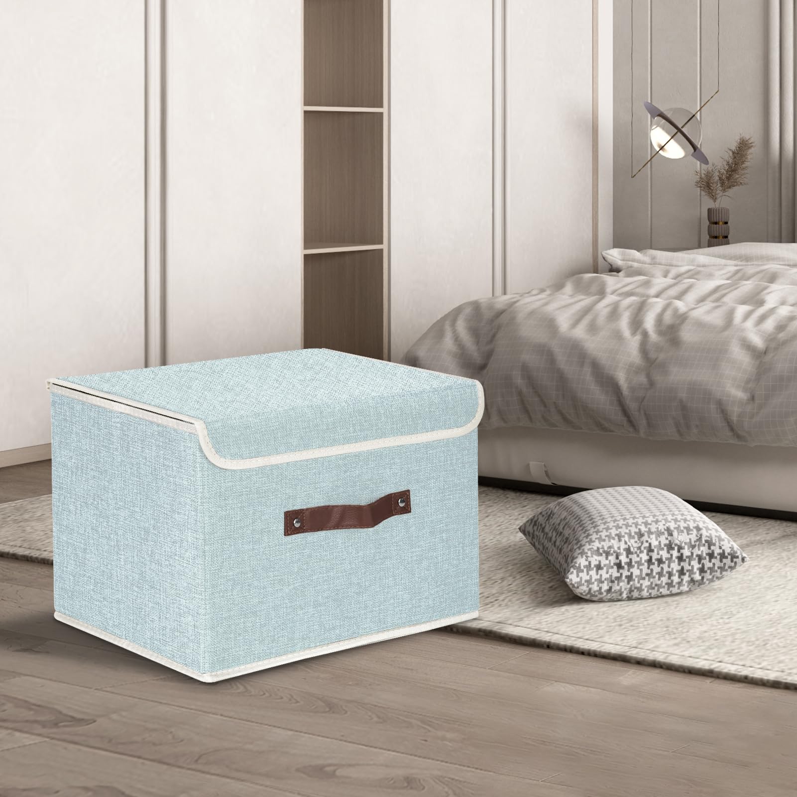 Tyeers Collapsible Storage Boxes, Washable Fabric Storage Bins With Lids, 14.9X9.8X9.8 Inches, 3 Pack, Aqua Spring