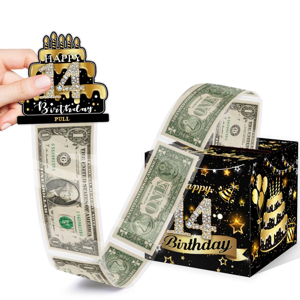 Money Box For Cash Birthday Gift, 14 Years Old Surprise Box Gift Box For Money Pull, 14Th Birthday Money Gift Ideas, Black Gold