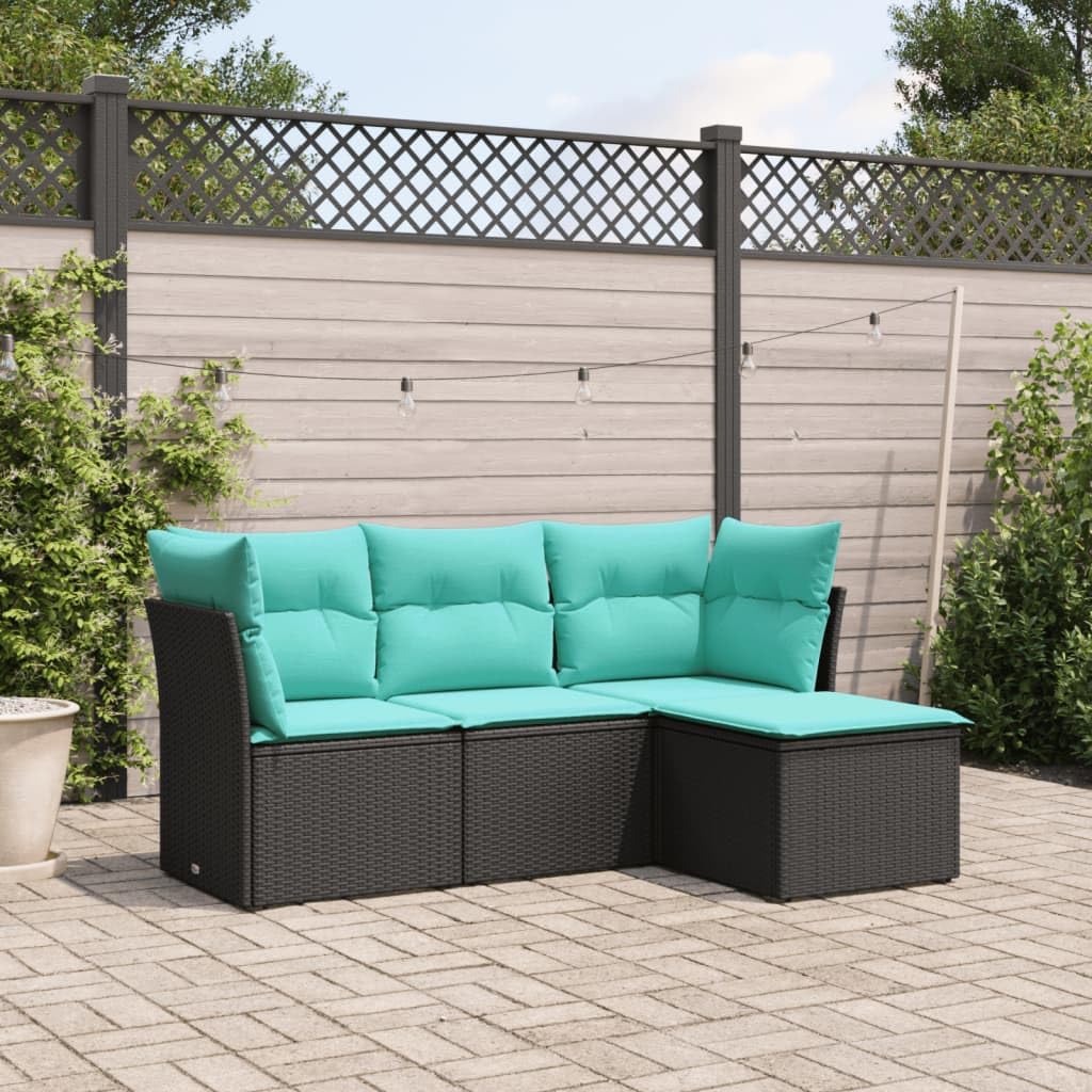 vidaXL Patio Sofa Set with Cushions - 4 Piece Black Poly Rattan | Outdoor Garden Furniture with Storage Bags, Modular Design | Water-Resistant Covers & Cushions