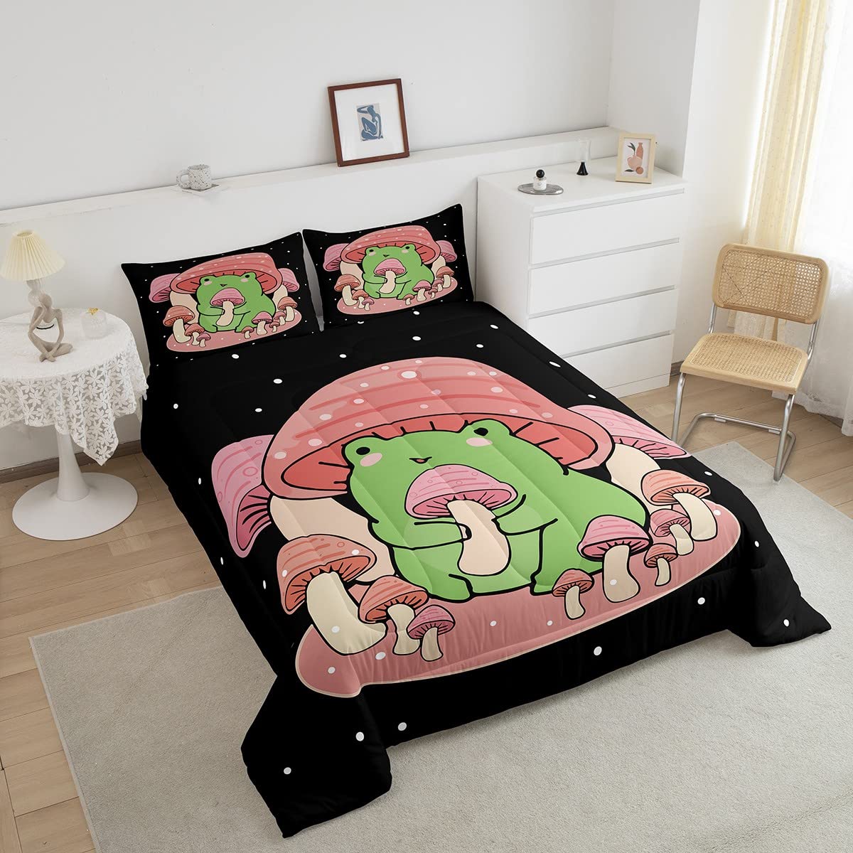 Feelyou Cartoon Mushroom Frog Bedding Set Cute Frog Comforter Set For Kids Boys Girls Natural Wild Fungus Comforter Pink Mushroo