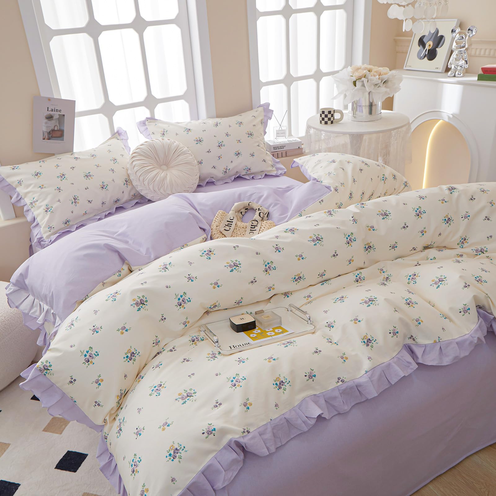 Lace Floral Duvet Cover Twin Cotton Purple Flower Duvet Cover 3 Pieces Girls Floral Comforter Cover Garden Style Princess Beddin