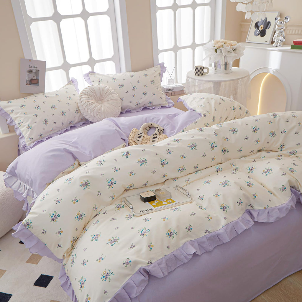 Lace Floral Duvet Cover Twin Cotton Purple Flower Duvet Cover 3 Pieces Girls Floral Comforter Cover Garden Style Princess Beddin