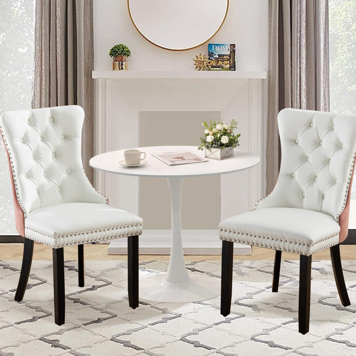 Soartalent 3-Pieces 31.5' Round Dining Table Set For 2, White Dining Table & Pu & Velvet Upholstered Dining Chairs Set Of 2 For