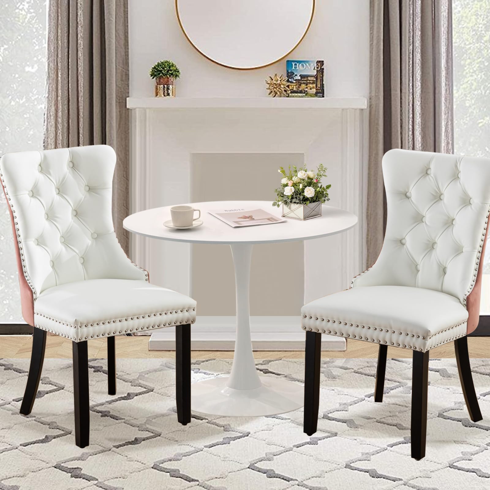 Soartalent 3-Pieces 31.5' Round Dining Table Set For 2, White Dining Table & Pu & Velvet Upholstered Dining Chairs Set Of 2 For