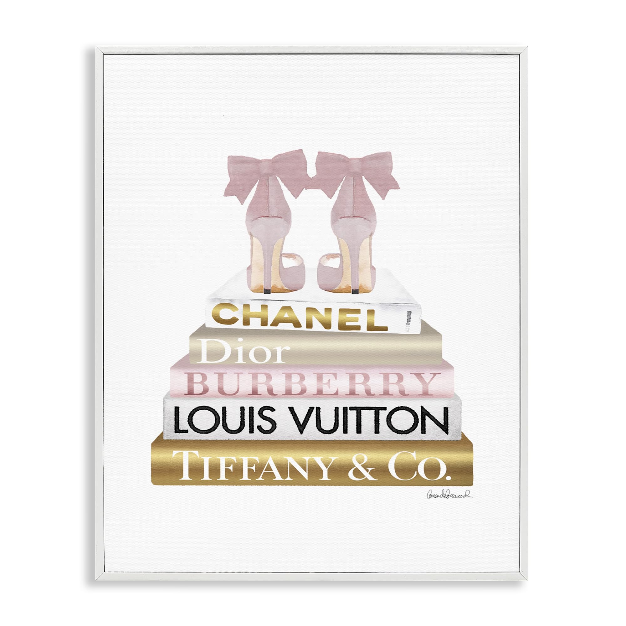 Stupell Industries Pink Gold Heels Bookstack Glam Fashion, Design by Amanda Greenwood White Framed Wall Art, 11 x 14 (aa-523_wfr