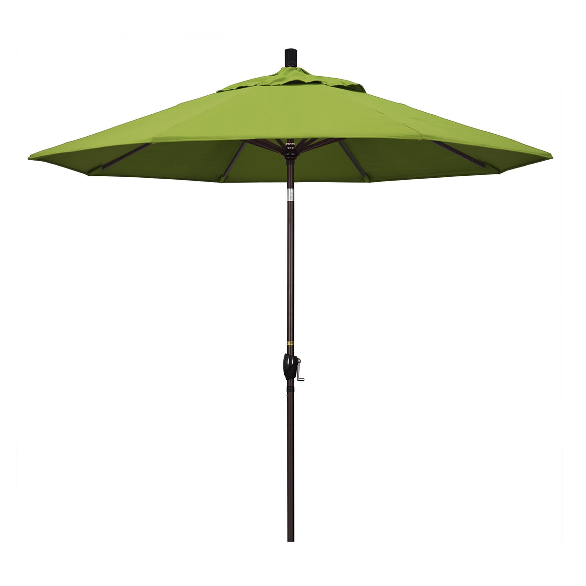 California Umbrella 9' Round Aluminum Market Umbrella, Crank Lift, Push Button Tilt, Bronze Pole, Sunbrella Macaw