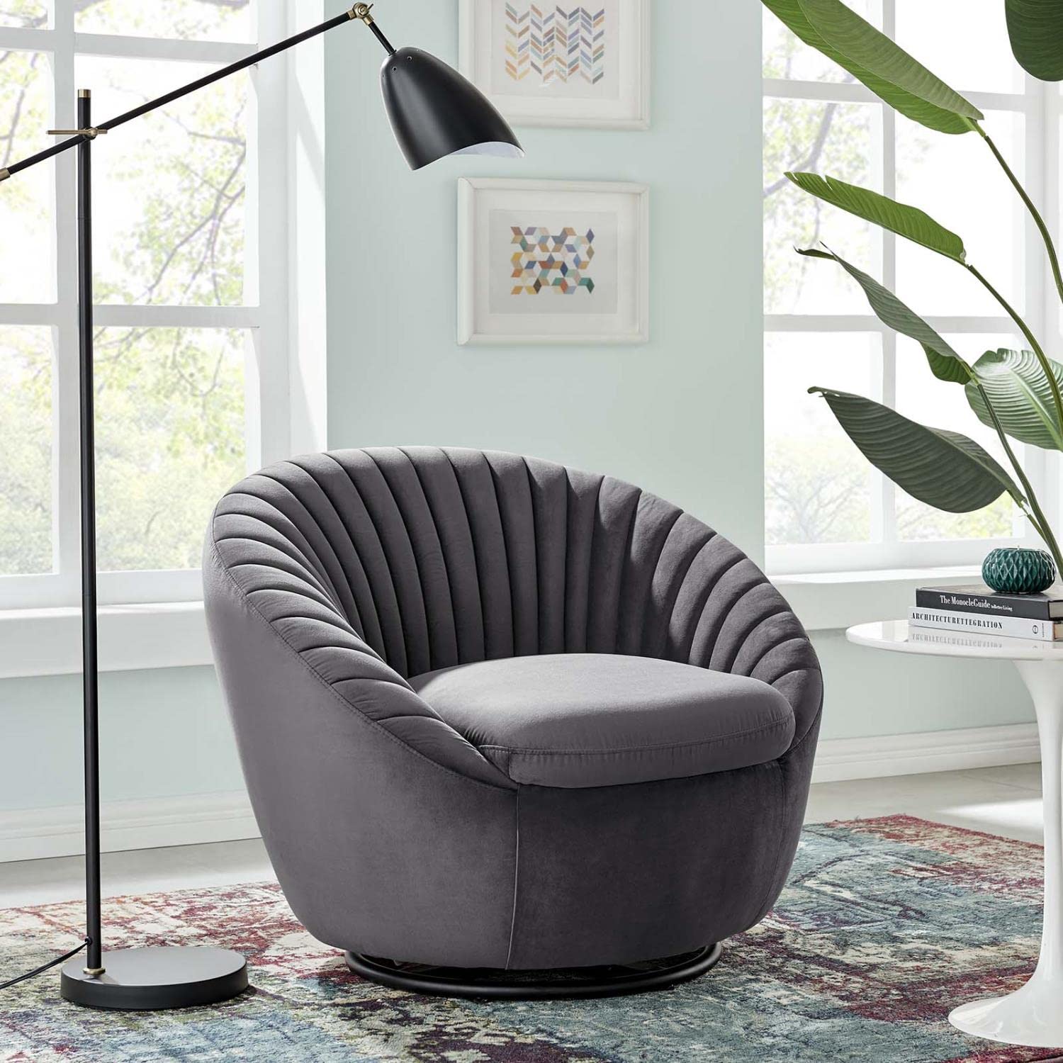 Modway Whirr Tufted Performance Velvet Swivel Chair In Black/Gray