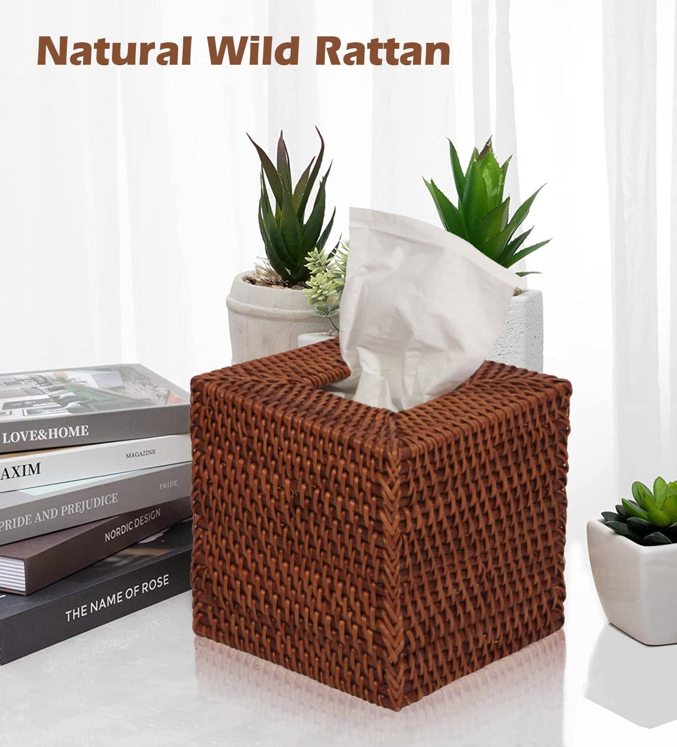 Livelab Natural Rattan Tissue Box Cover, Square Hand Woven Tissue Box Holder Tissue Box Case Organizer 5.5''X5.5''X5.7'' Honey B