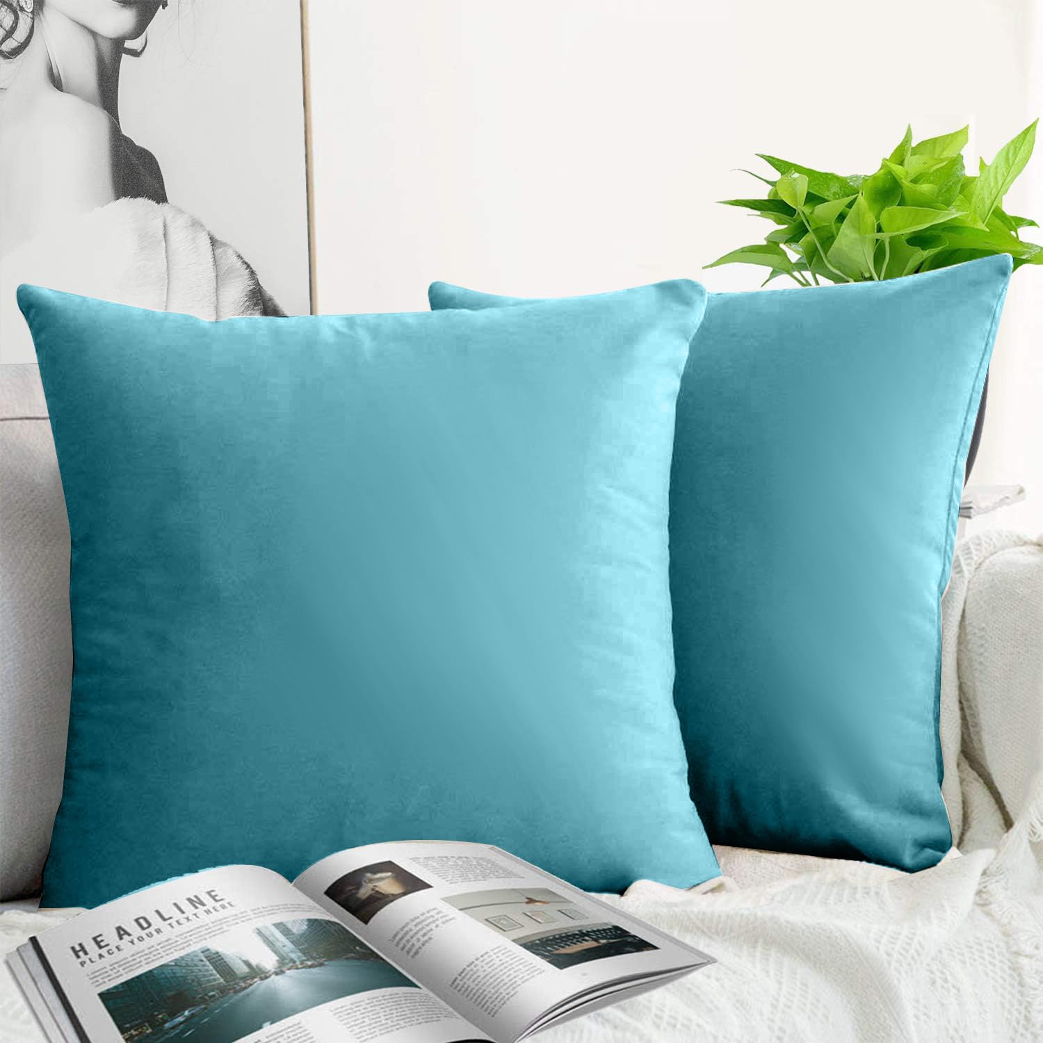 Jueyingbaili Throw Pillow Covers Velvet Decorative 2 Packs Ultra-Soft Light Green Pillowcase 18 X 18 Inch For Couch,Chair,Sofa,B