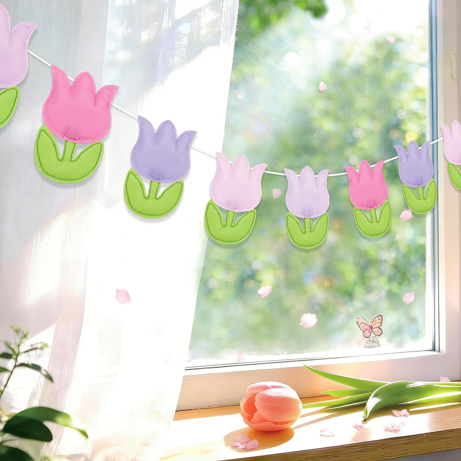 Whaline 10 ft Tulip Felt Garland 3D Floral Hanging Banner Rustic Vintage Spring Flower Decor for Mothers Day Baby Shower Party 
