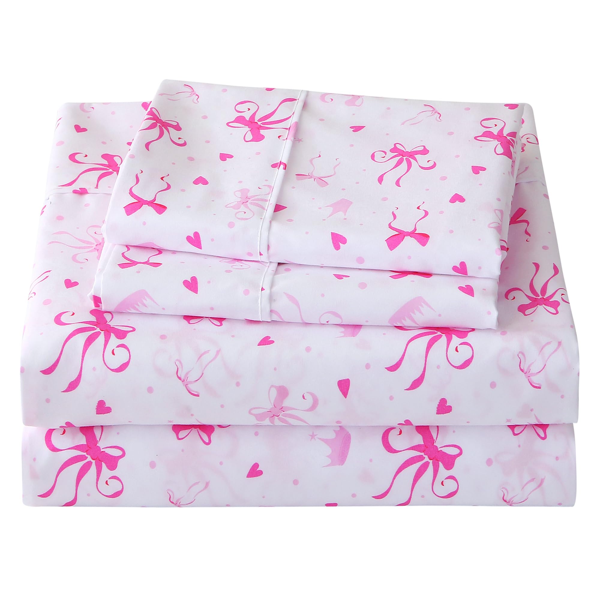 Viviland 3 Pieces Girls Pink Twin Sheet Set - Soft Microfiber Fitted Flat Sheets & Pillowcase - Pink Bow Print Bedding Sets - Fo
