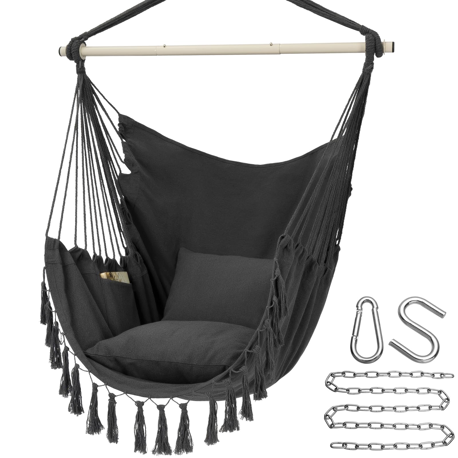 Y- Stop Hammock Chair Hanging Rope Swing, Max 500 Lbs, 2 Cushions Included, Large Macrame Hanging Chair With Pocket, Cotton Weav