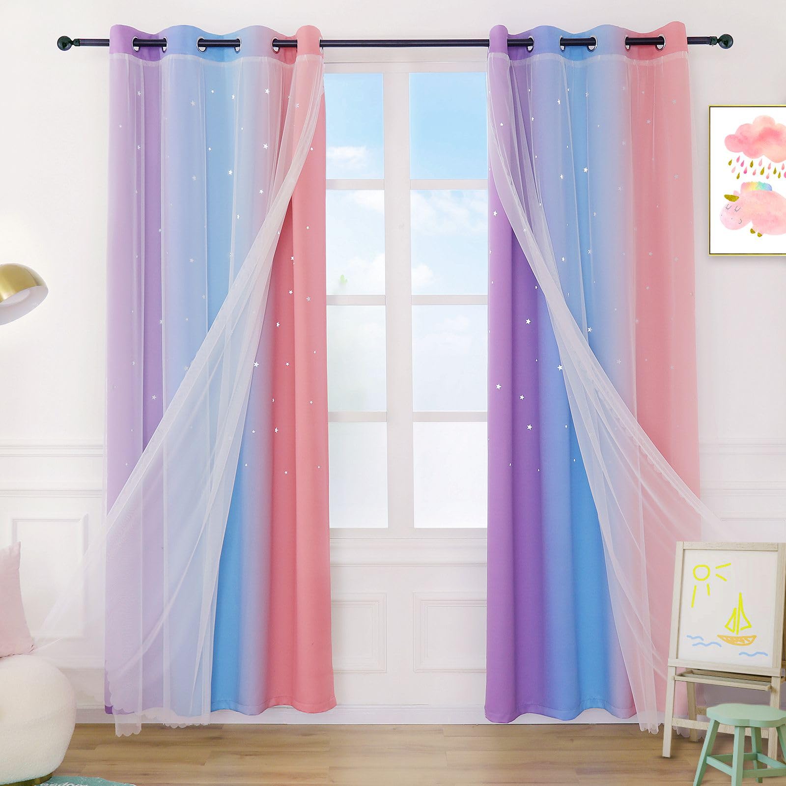 Anjee Star Curtains For Girls 2 In 1 Double Layer Cutout Star Light Blocking Ombre Grommets Top Drape With Lace Sheer Voile Gauz