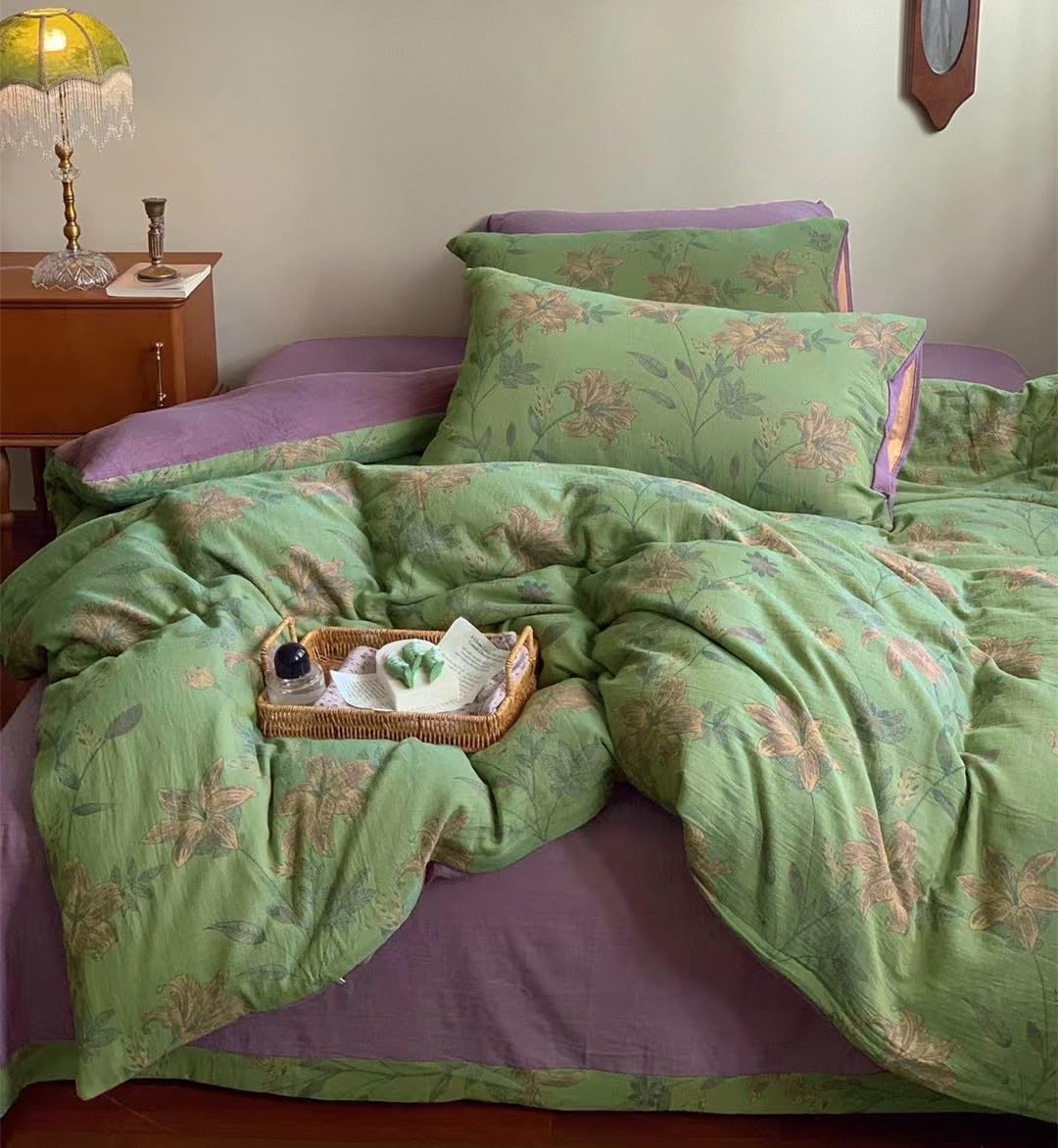 VM VOUGEMARKET Linen Cotton Jacquard Duvet Cover Queen,3 Pcs Yarn-Dyed Textured Duvet Cover Set Green Purple Floral Bedding Brea