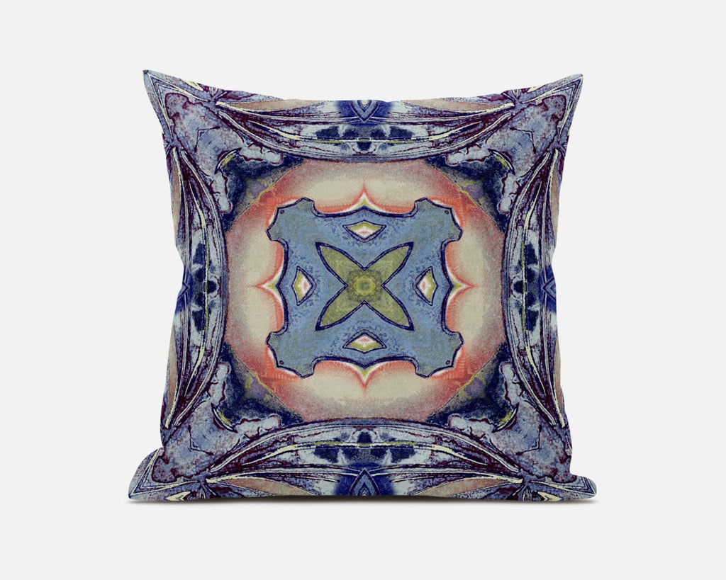 HomeRoots Sky Blue Indigo Muted Peach 18â€ Indigo Peach Geo Tribal Suede Throw Pillow