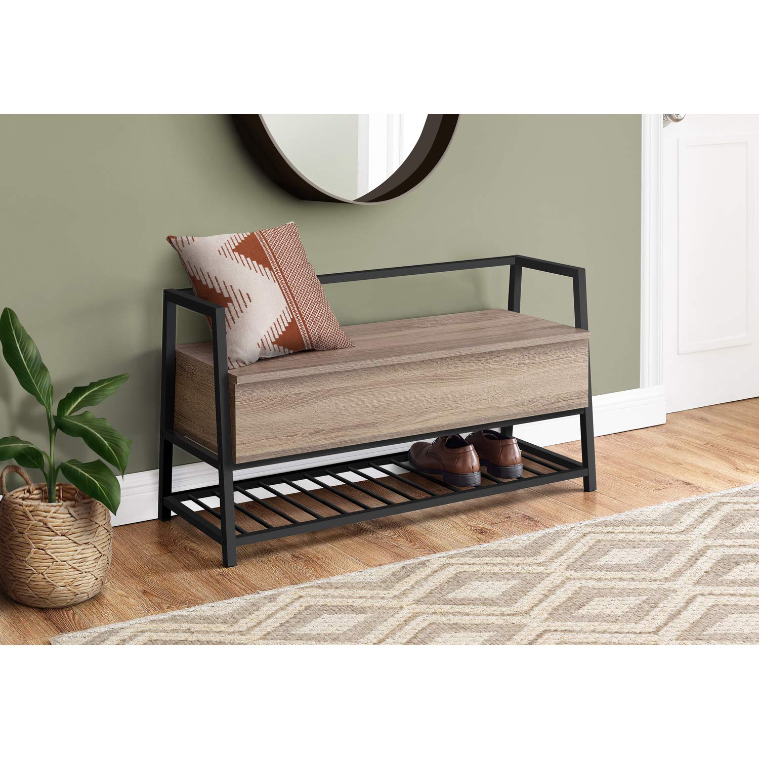 Monarch Specialties I 4501 Bench, Entryway, Hallway, Storage, 42' Rectangular, Metal, Laminate, Brown, Black, Contemporary, Modern