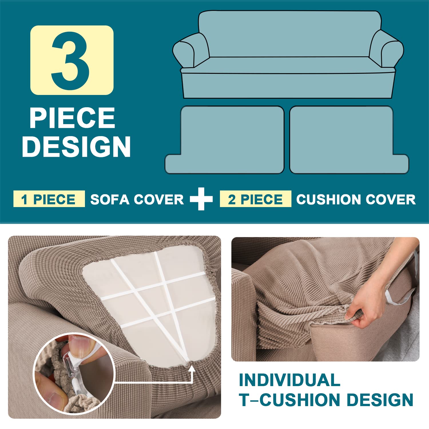 Turquoize 3 Piece T Cushion Loveseat Slipcovers Sofa Cover For 2 Cushion Couch Cover Washable Sofa Slip Cover Furniture Covers With 2 Individual T Cushion Seat Covers (2 Cushion Loveseat, Sand)