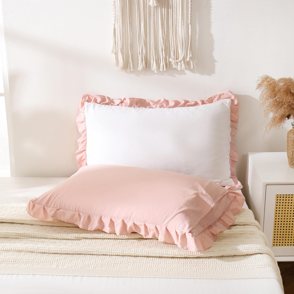 Merryword Pink Pillow Shams White And Pink Reversible King Pillowcases Cute Pillow Cover Set Of 2 Soft Shabby Chic Ruffled Pillo