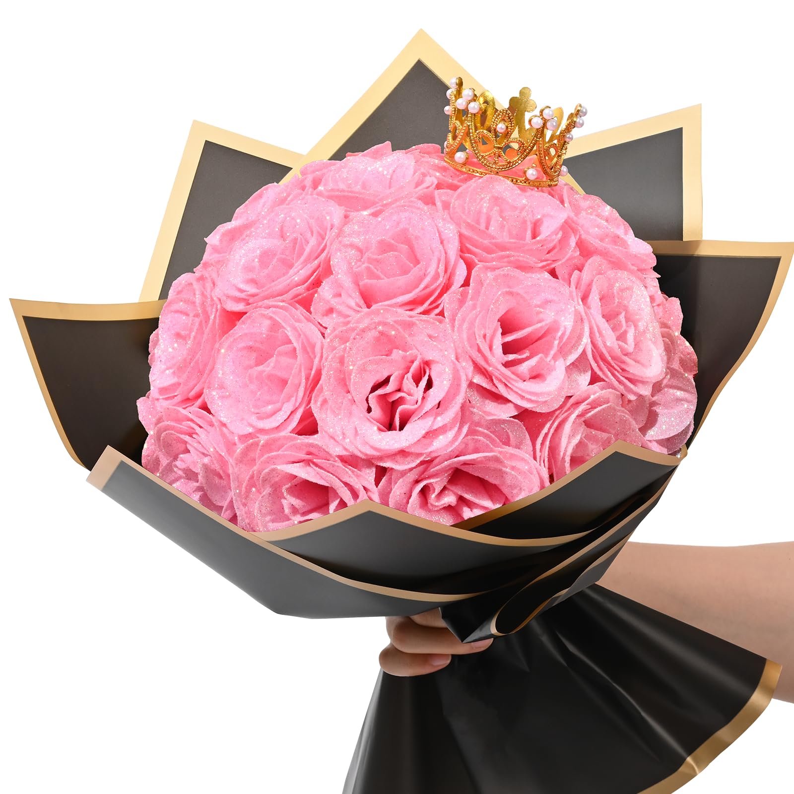 Waipfaru Pink Glitter Roses Bouquet, DIY Fake Flowers Bouquet, Everlasting Shiny Artificial Rose Bouquet for Valentine's Day, An