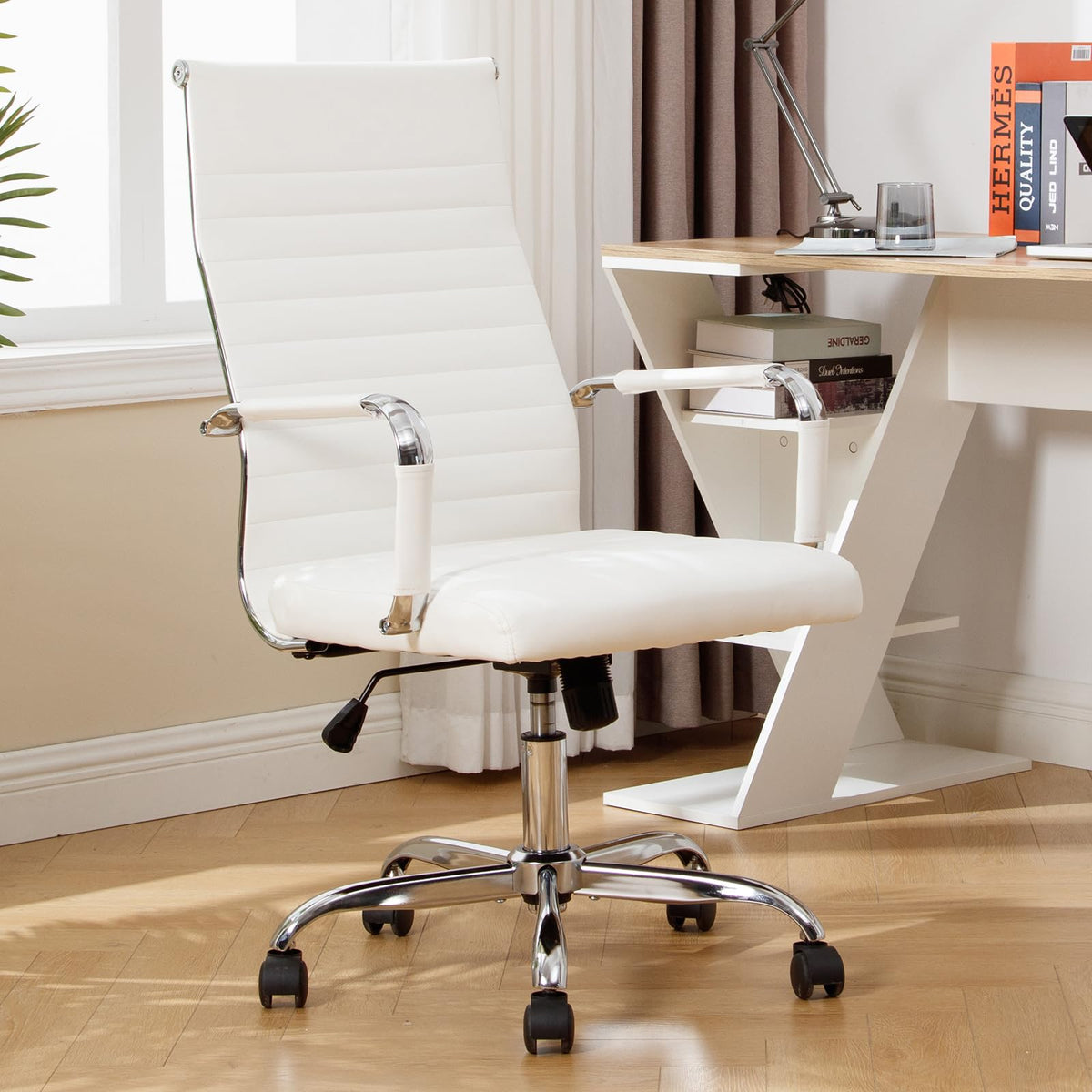 Haranuo Office Chair, Ribbed Pu Leather Executive Conference Task Chair, Adjustable Height Mid-Back Swivel Chair With Padded Sea