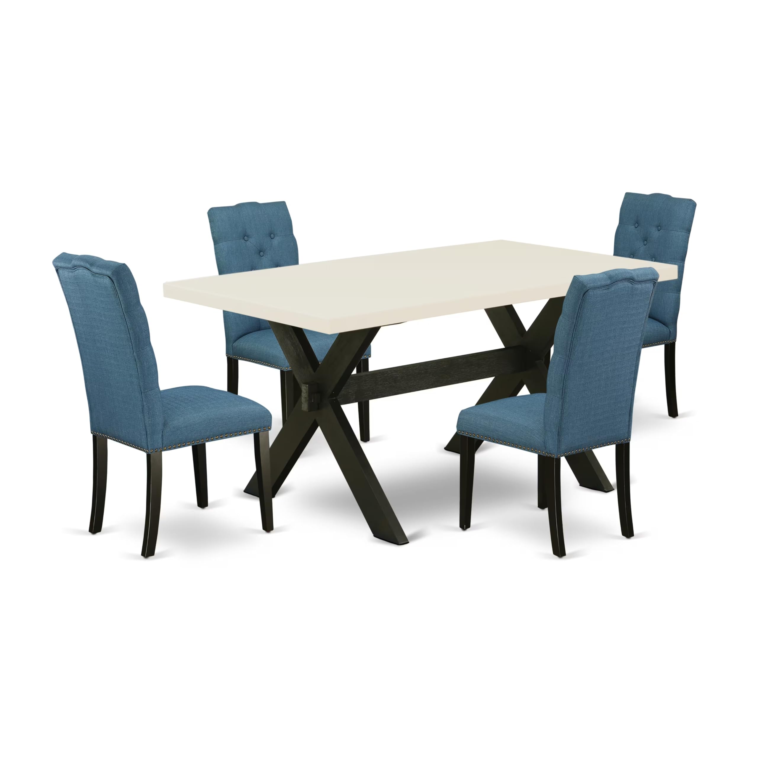 East West Furniture X626El121-5 5 Piece Kitchen Table Set For 4 Includes A Rectangle Dining Room Table With X-Legs And 4 Blue Linen Fabric Upholstered Chairs, 36X60 Inch, Multi-Color