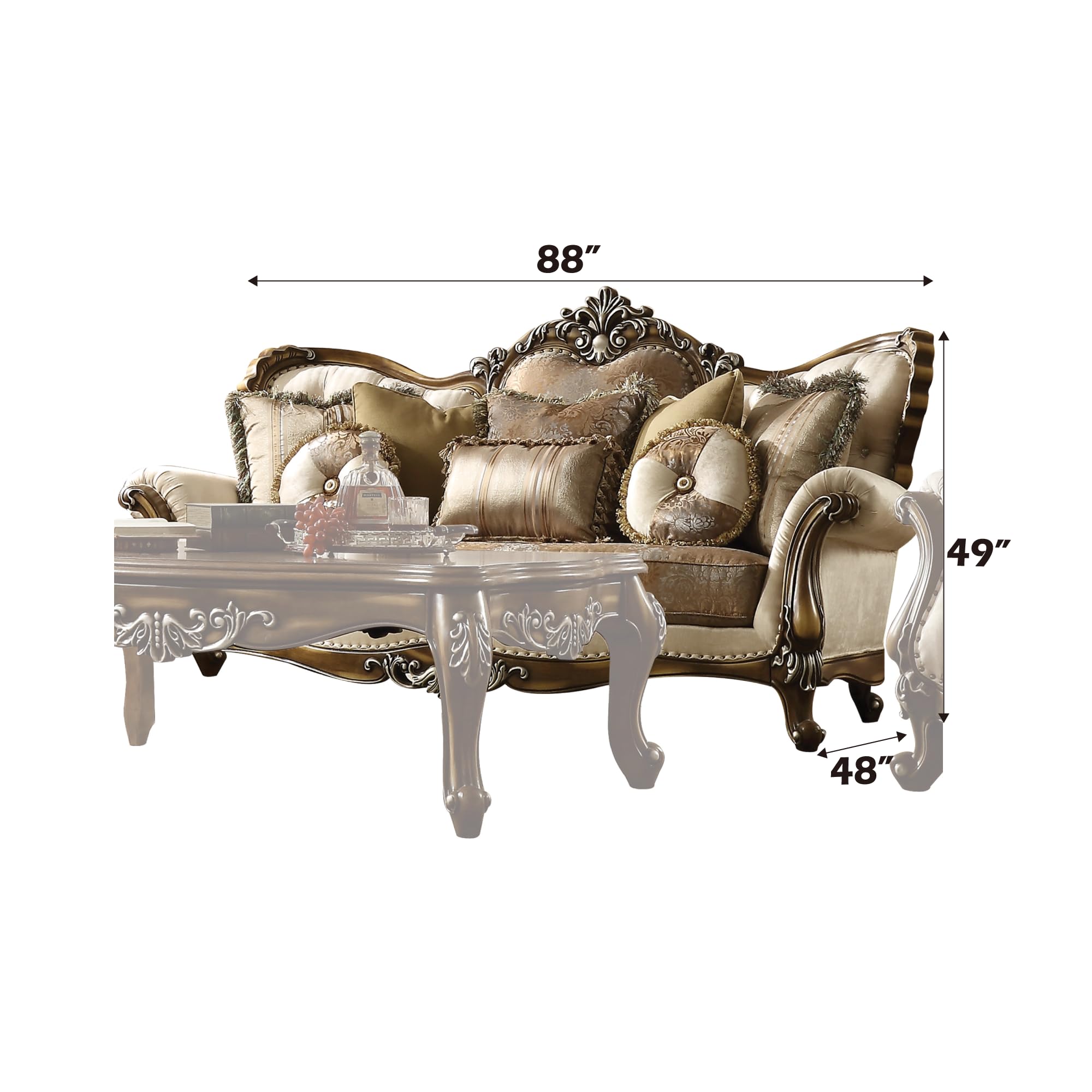 Acme Furniture Sofa, Tan, Pattern Fabric & Antique Oak