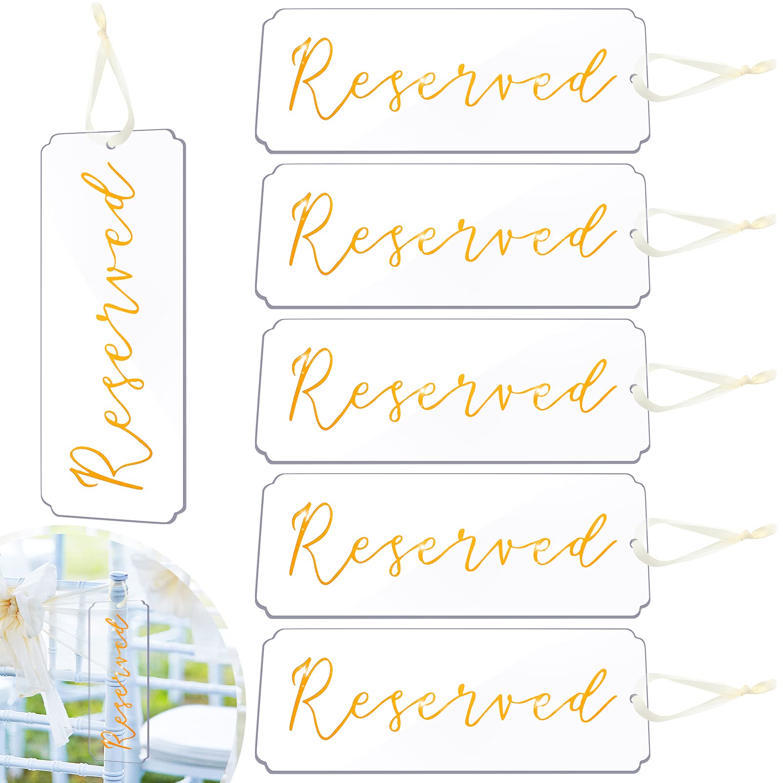6 Pieces Reserved Signs for Wedding Chairs Acrylic Tag Reserved Signs Hanging Reserved Signs with Ribbon for Wedding Important E