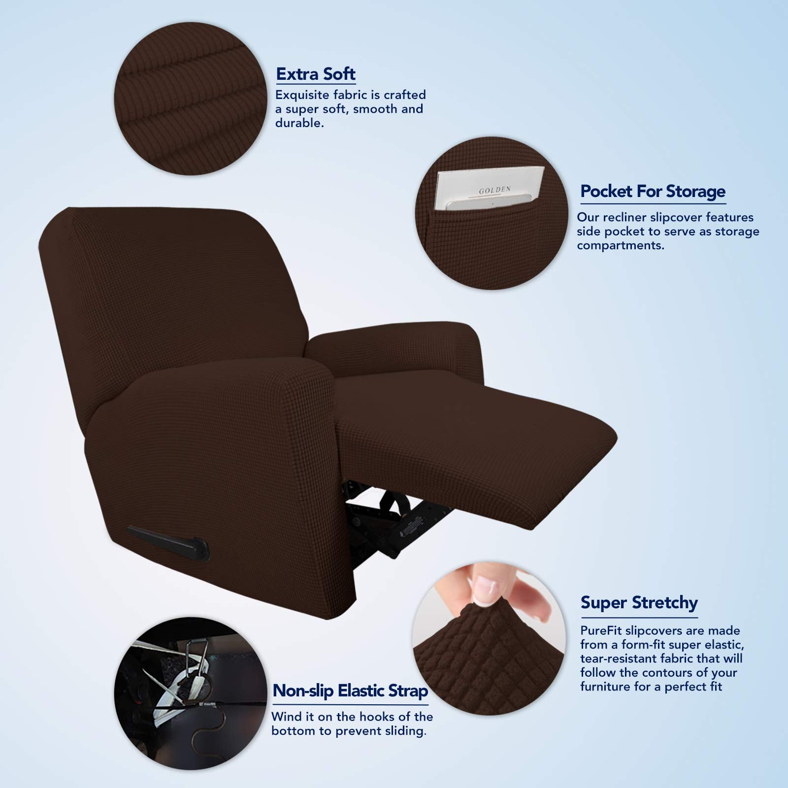 Purefit Stretch Recliner Sofa Slipcover With Pocket – Spandex Jacquard Non Slip Soft Couch Sofa Cover, Washable Furniture Protector With Elastic Bottom For Kids (Recliner, Coffee)