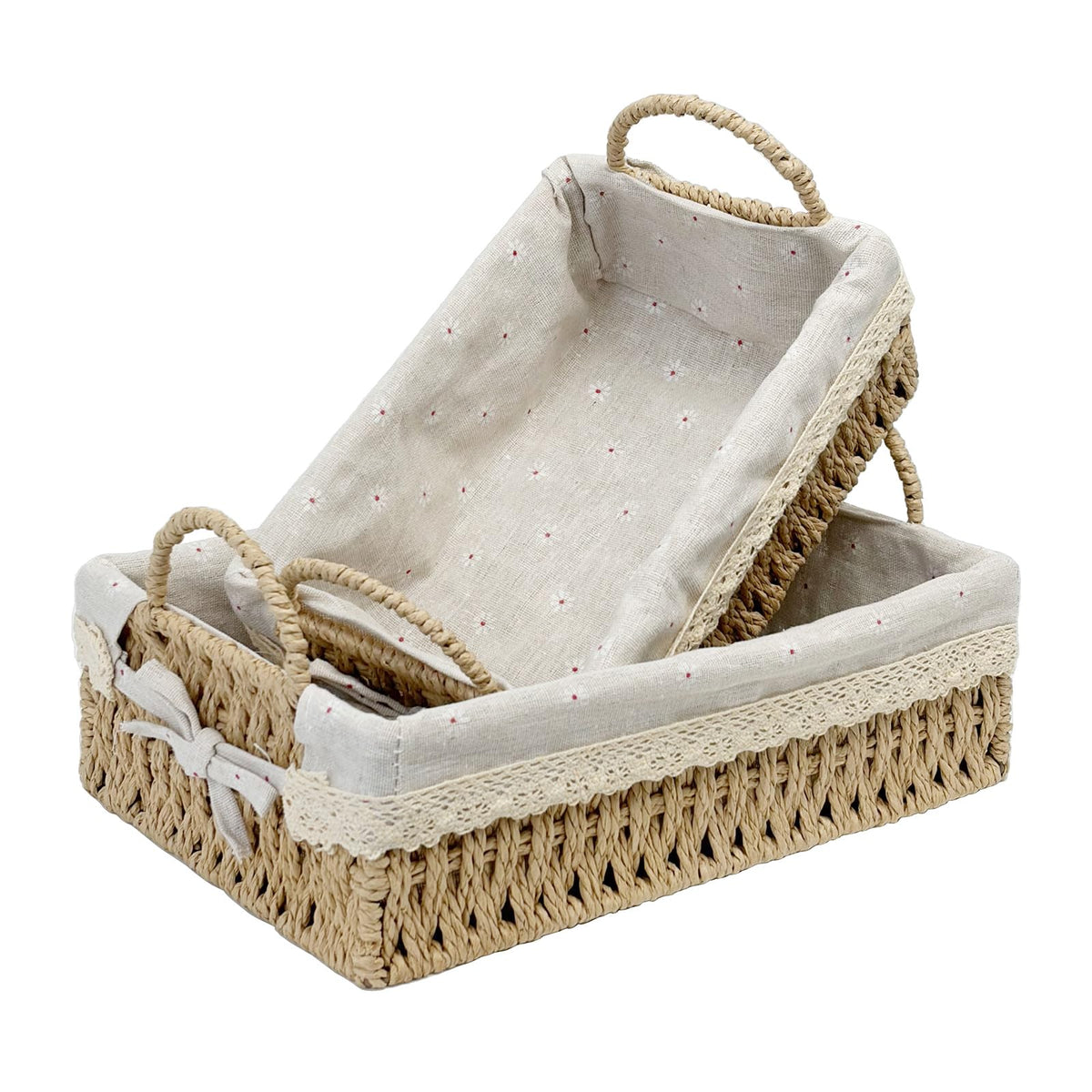 Paper Rope Storage Baskets Set of 2, Woven Baskets with Handles & Removable Liner, Decorative Shelf Organizer Bins for Bathroom,