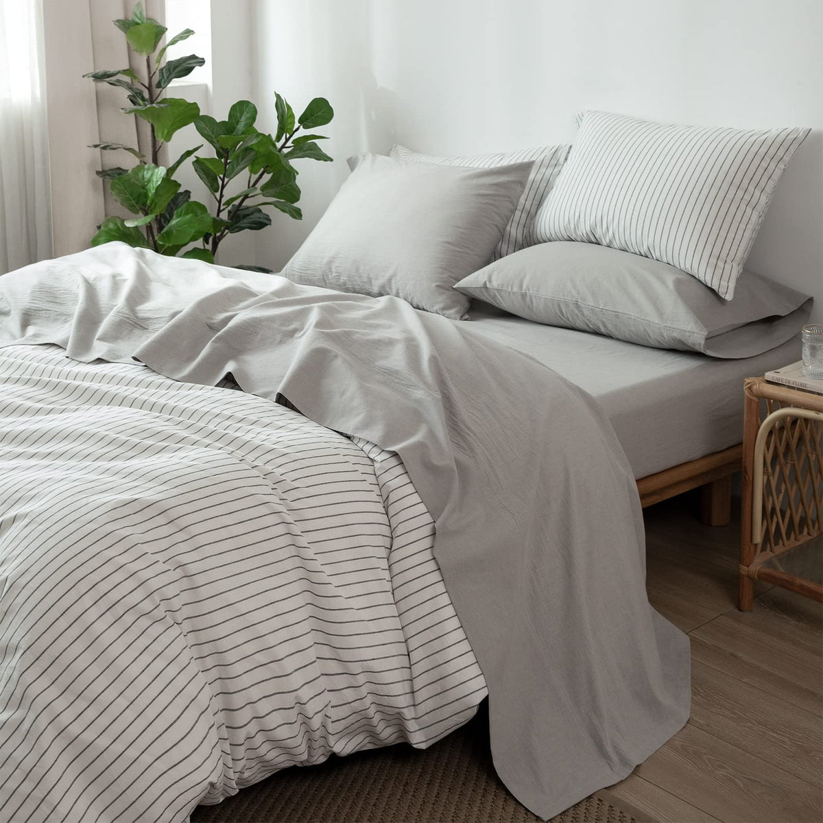 Moomee Bedding Sheet Set 100% Washed Cotton Linen Like Textured Breathable Durable Soft Comfy (Pastel Grey, Queen)