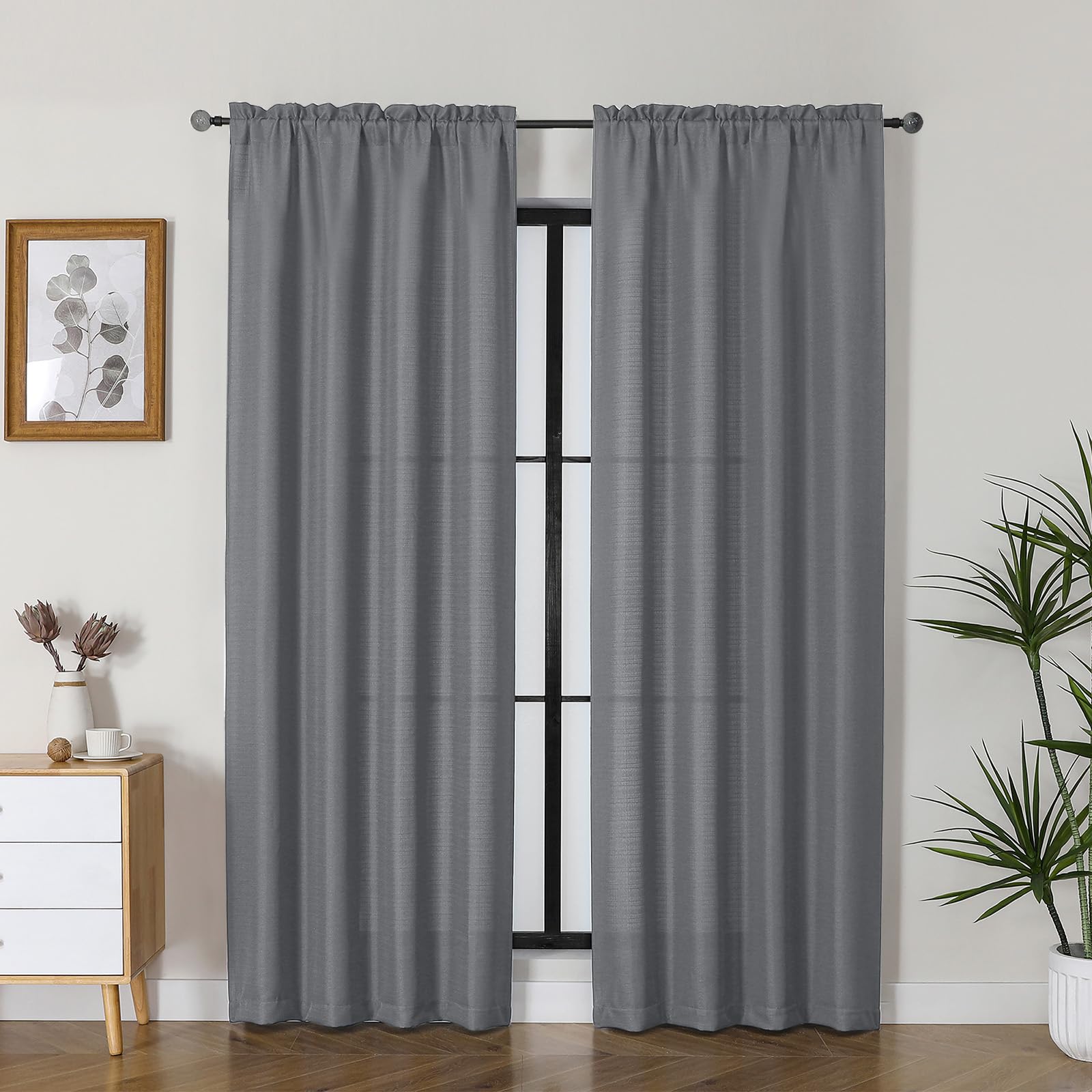 Lecloud Bessie Dark Grey Curtains 84 Inches Long 2 Panels, Airy Privacy Light Filtering Window Drapes, Faux Linen Textured Curta
