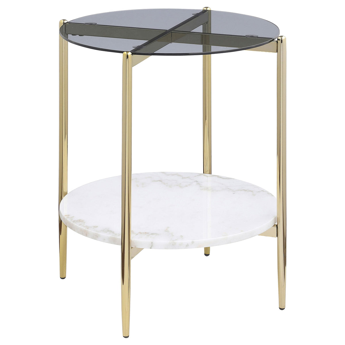 Coaster Home Furnishings Jonelle Round Glass Top End Table White Marble Shelf Gold