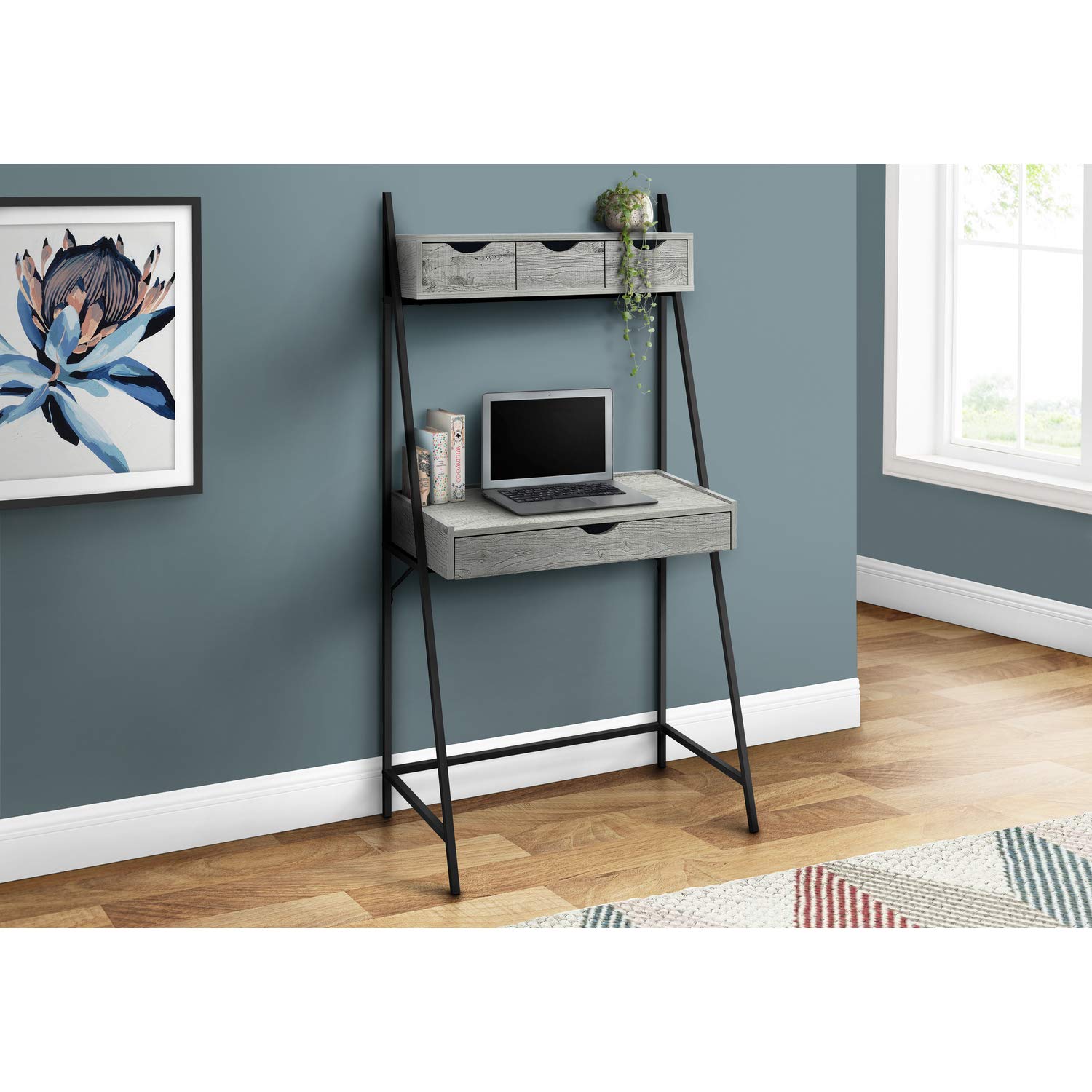 Monarch Specialties I 7331 Computer Desk, Home Office, Laptop, Leaning, Storage Drawers, 32' L, Work, Metal, Laminate, Grey, Black, Contemporary, Modern