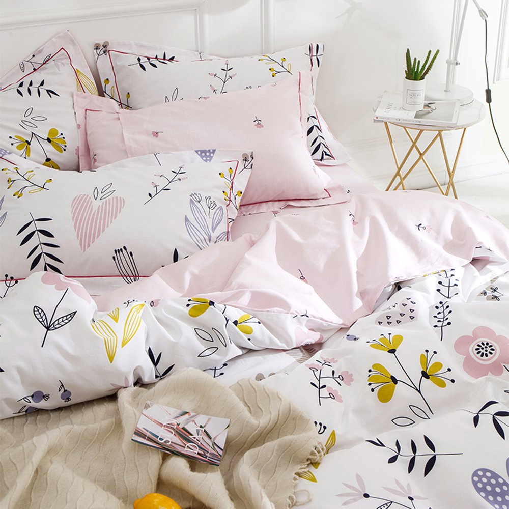 Girls Floral Duvet Cover Twin Boho Floral Aesthetic Bedding Sets Twin White Pink Cotton Kids Teens Flower Comforter Cover Floral