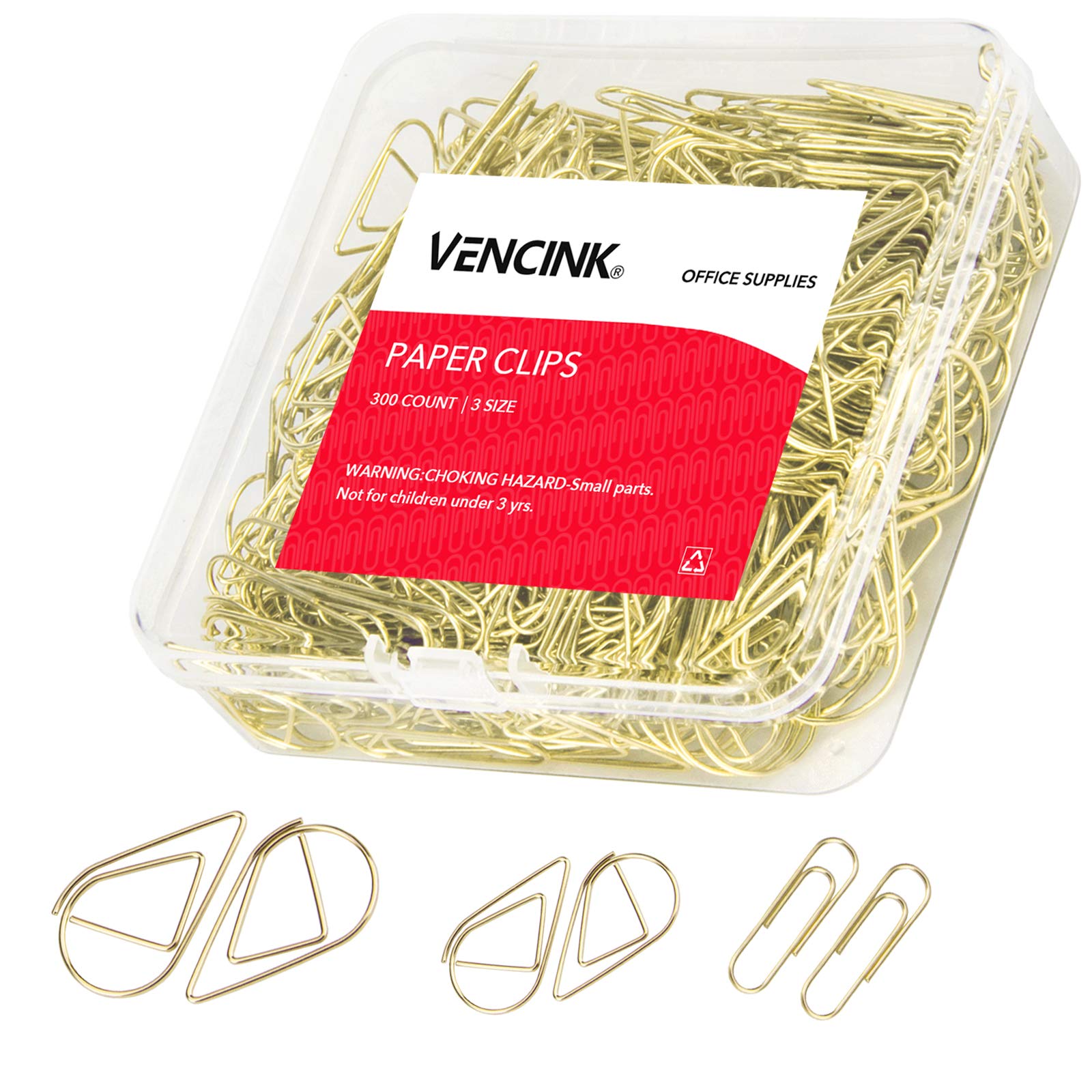 300 Pcs Cute Gold Paper Clips Assorted Sizes, Smooth Steel Wire Drop-Shaped Paperclips Large Medium And Small For Office Supplie