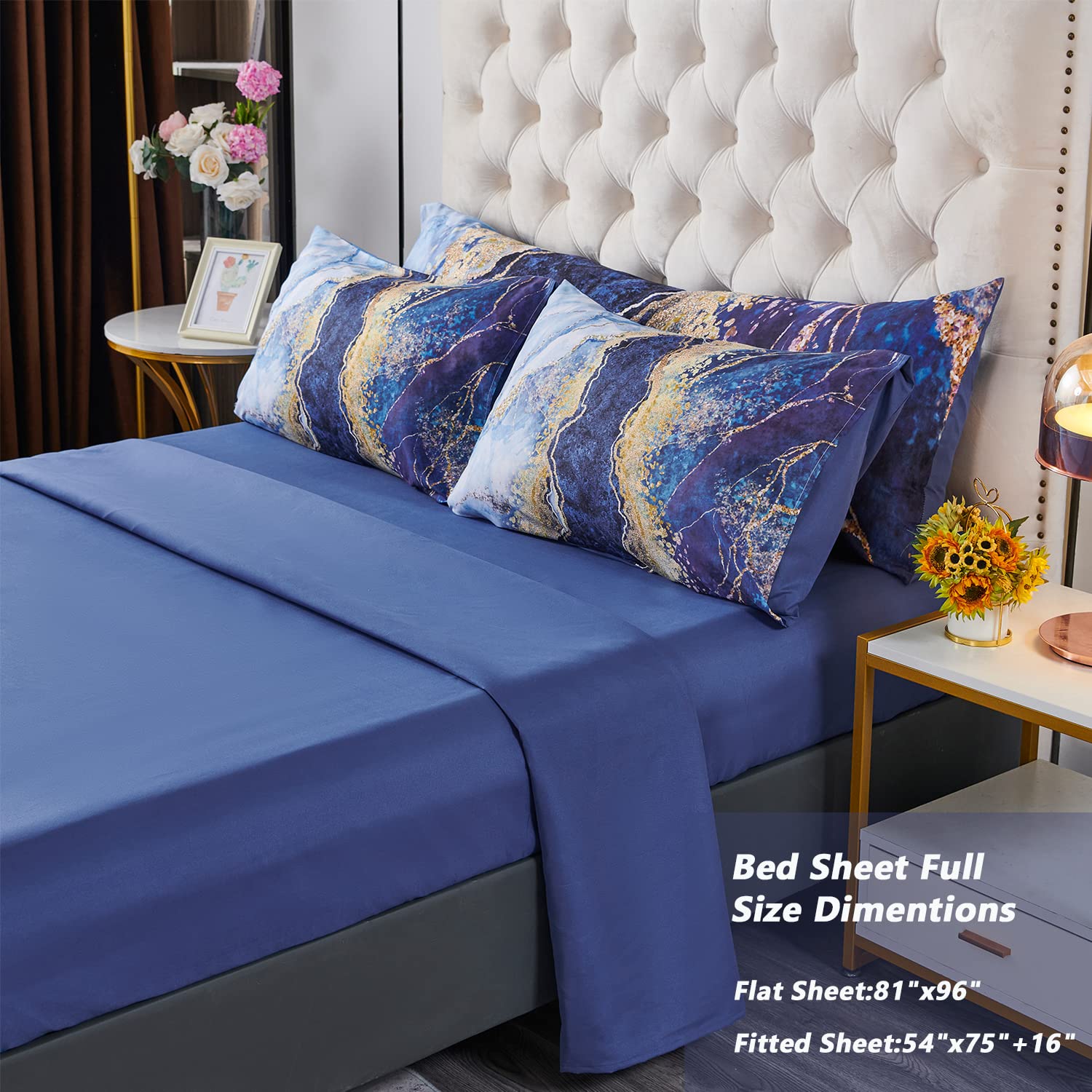Perfemet Watercolor Marble Printed Comforter Set Full Size 6 Pcs Blue Bed-In-A-Bag With Matched Bed Sheets Colorful Retro Artwor
