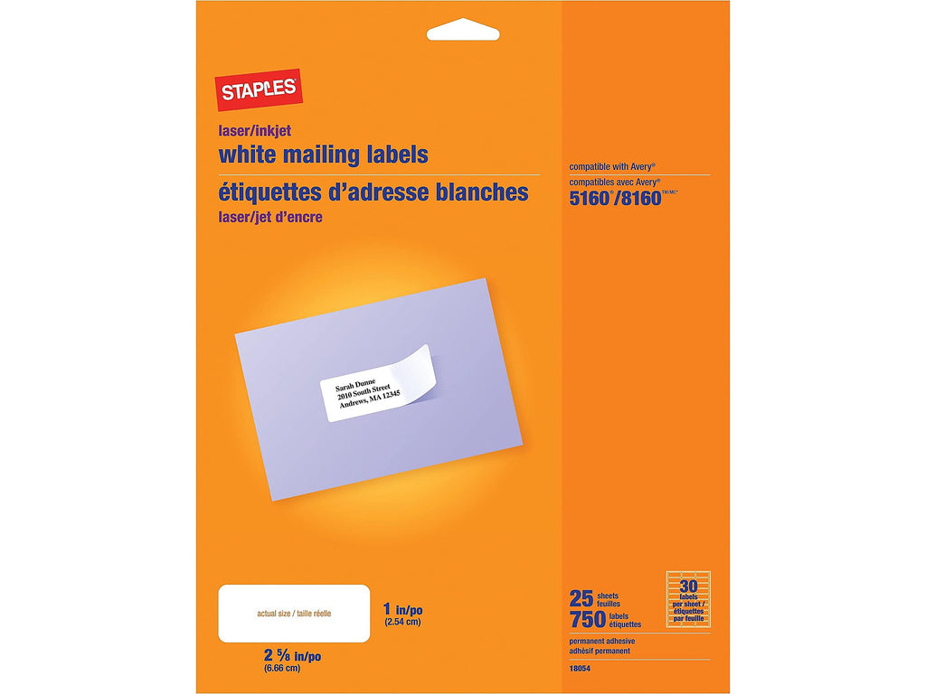 White Mailing Labels For Laser & Inkjet Printers, 1' X 2-5/8', 750/Box