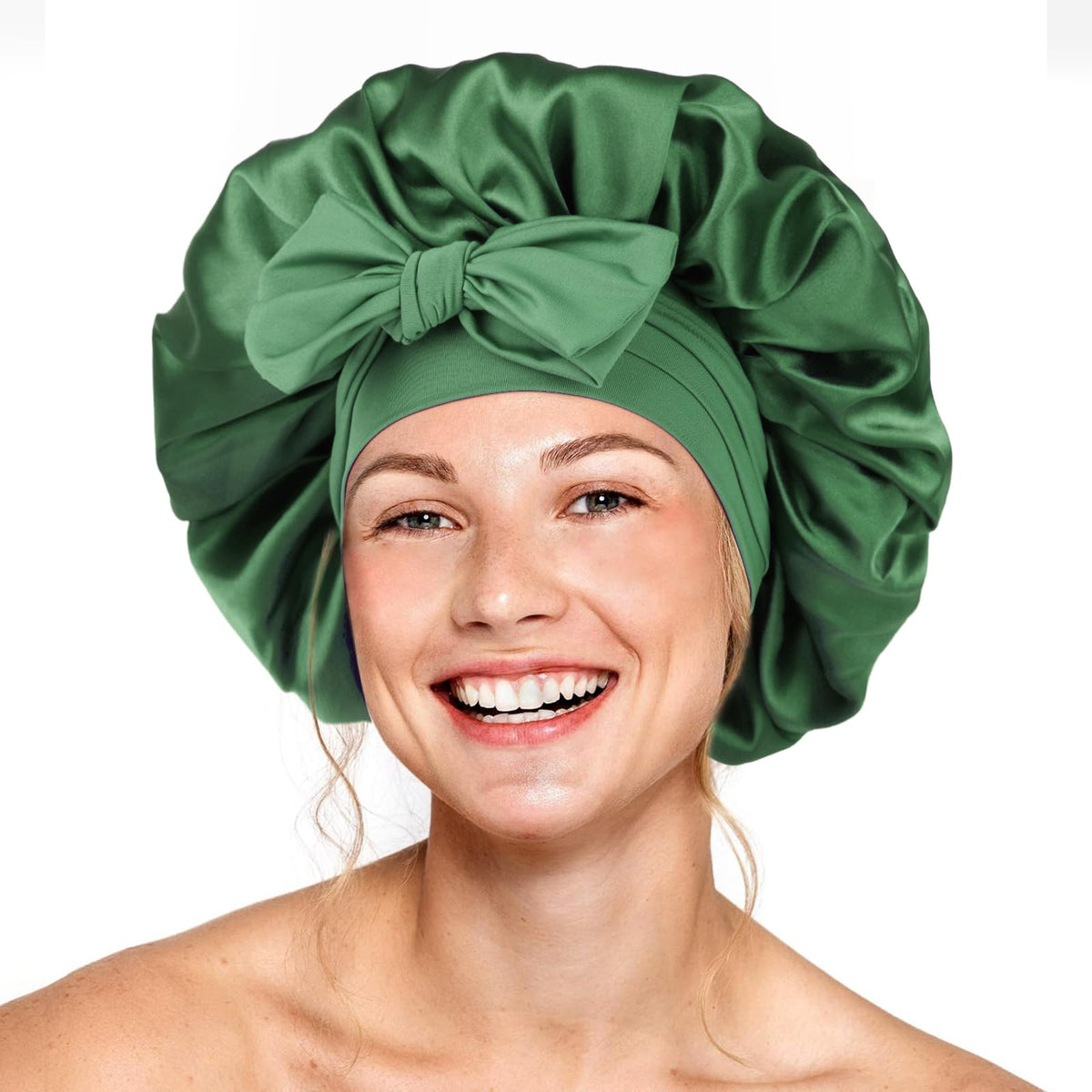 Silk Bonnet for Sleeping Women Double Layer Satin Bonnet Hair Bonnet with Elastic Tie Band Adjustable Bonnet for Curly Hair(Oliv