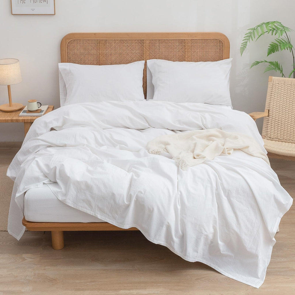 Bestouch Sheet Set 100% Washed Cotton Linen Feel Super Soft Comfortable Chic Lightweight 4 Pcs Home Bedding Set Solid Bright Whi