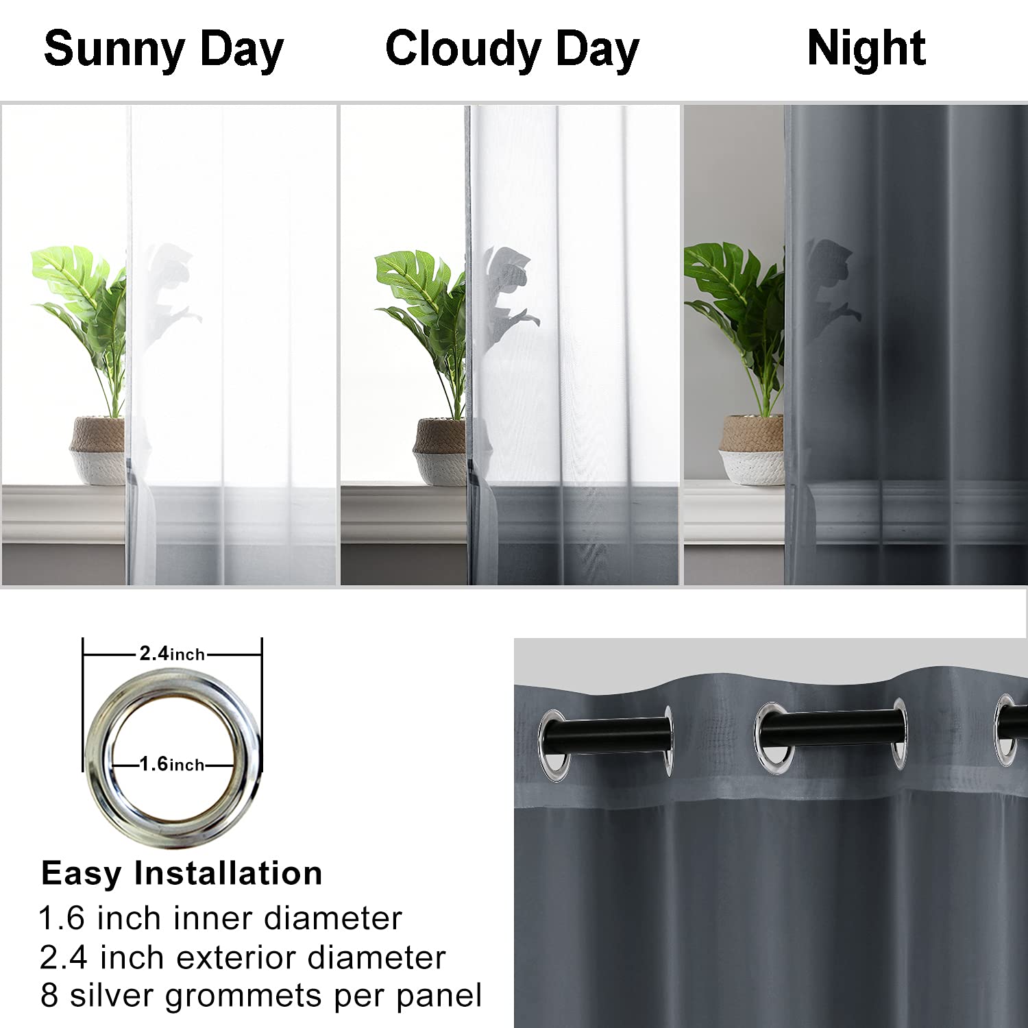 Hiasan Dark Grey Sheer Curtains With Tiebacks, Light Filtering Voile Textured Drape Lightweight Grommet Window Curtains For Bedroom, Living Room And Office, W52 X L72, Set Of 2 Soft Panels