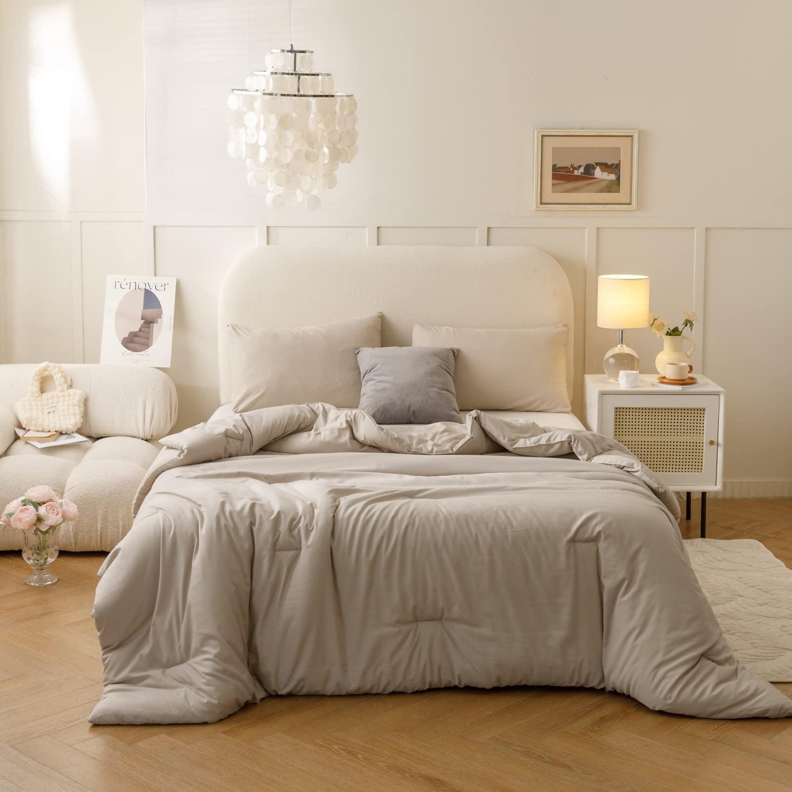 ROSGONIA Oatmeal Microfiber Comforter Set King - 3pcs - Farmhouse Style - Reversible - All Season