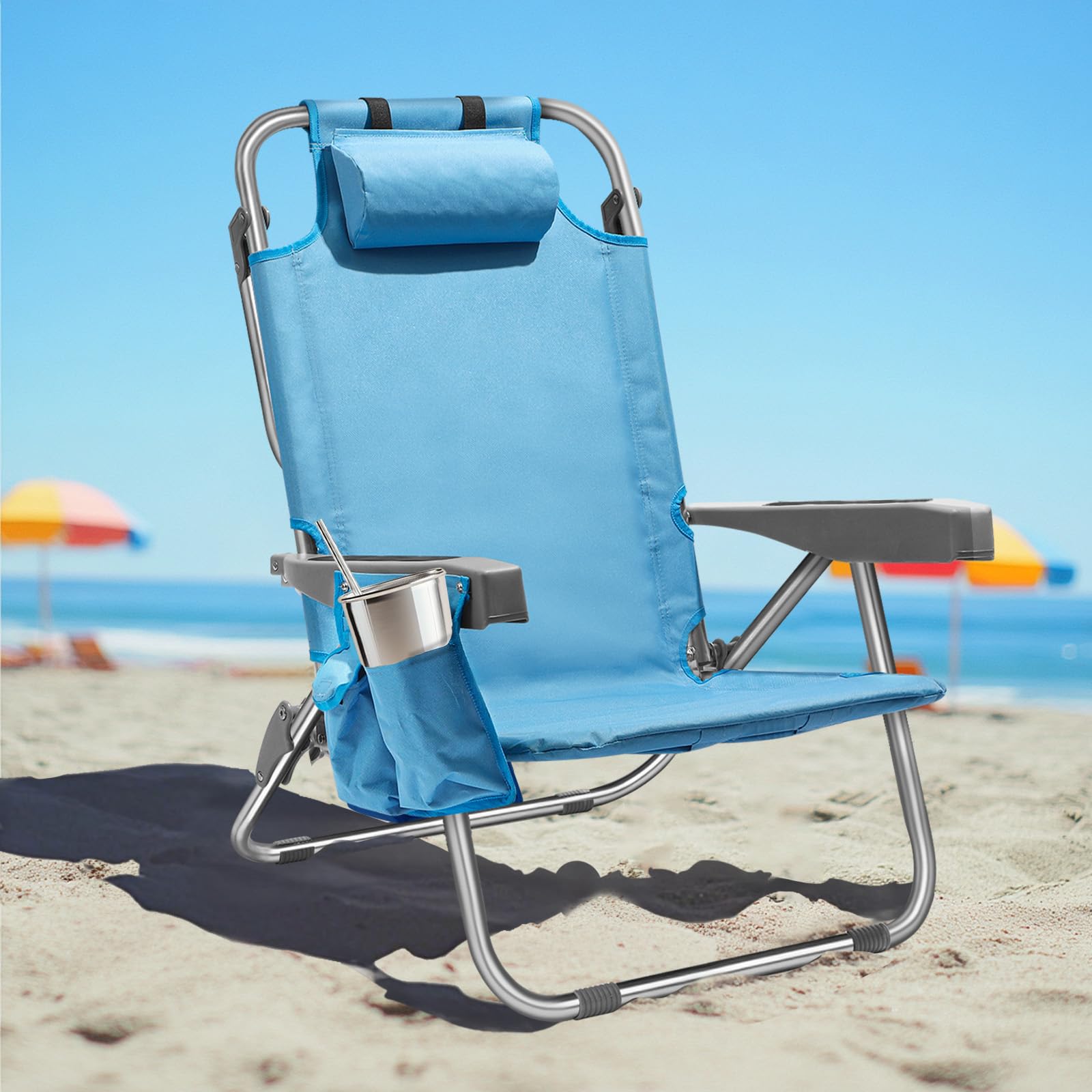 PASAMIC Backpack Beach Chair for Adults Portable, Lay Flat Reclining Beach Chair with 5 Positions, Tall Heavy Duty Folding Chair
