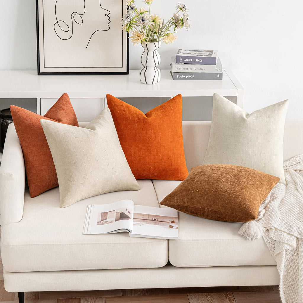 Miulee Pack Of 2 Decorative Throw Pillow Covers Soft Chenille Throw Pillows Solid Neutral Farmhouse Textured Cushion Covers For Couch Sofa Bedroom Living Room 18X18 Inch, Brown
