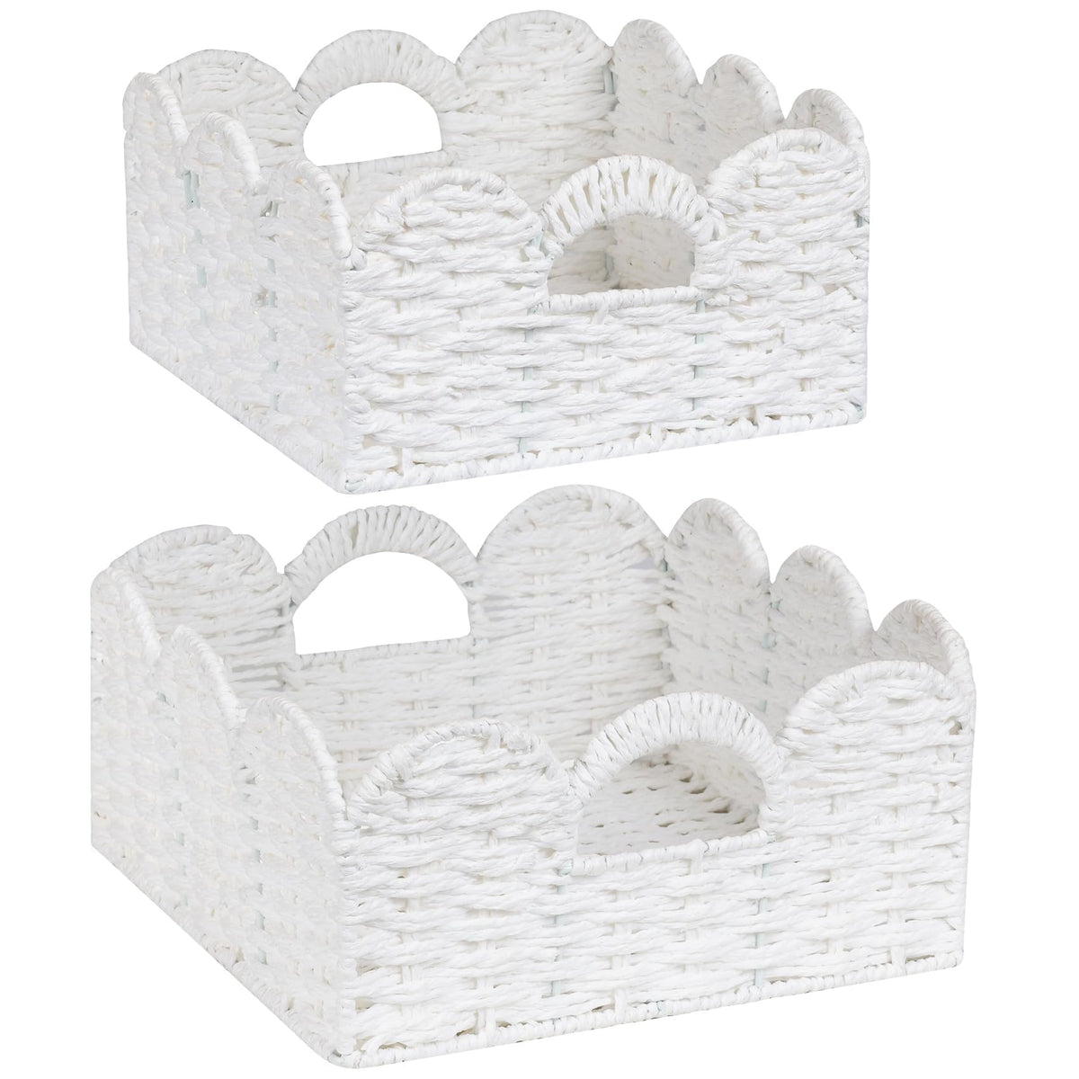 Graciadeco Scalloped Wicker Basket Natural Paper Rope Storage Baskets with Handles Handwoven Organizer Bin Wicker Storage Basket