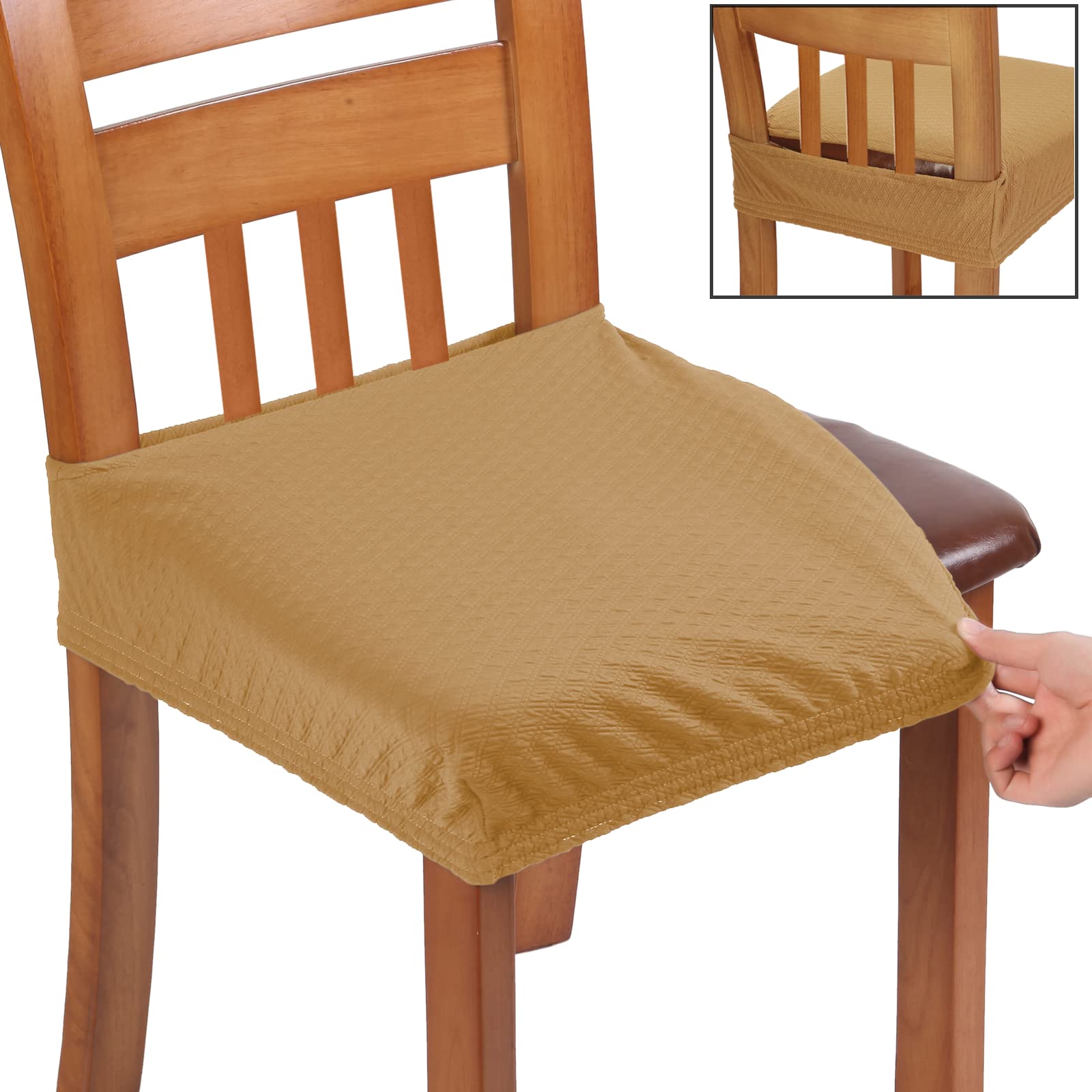 Buyue Fast Installation Dining Room Chair Covers Set Of 4, Luxury Stretch Jacquard Seat Slipcovers For Kitchen Armless Chairs, Rear Gapped- Ocher- 4